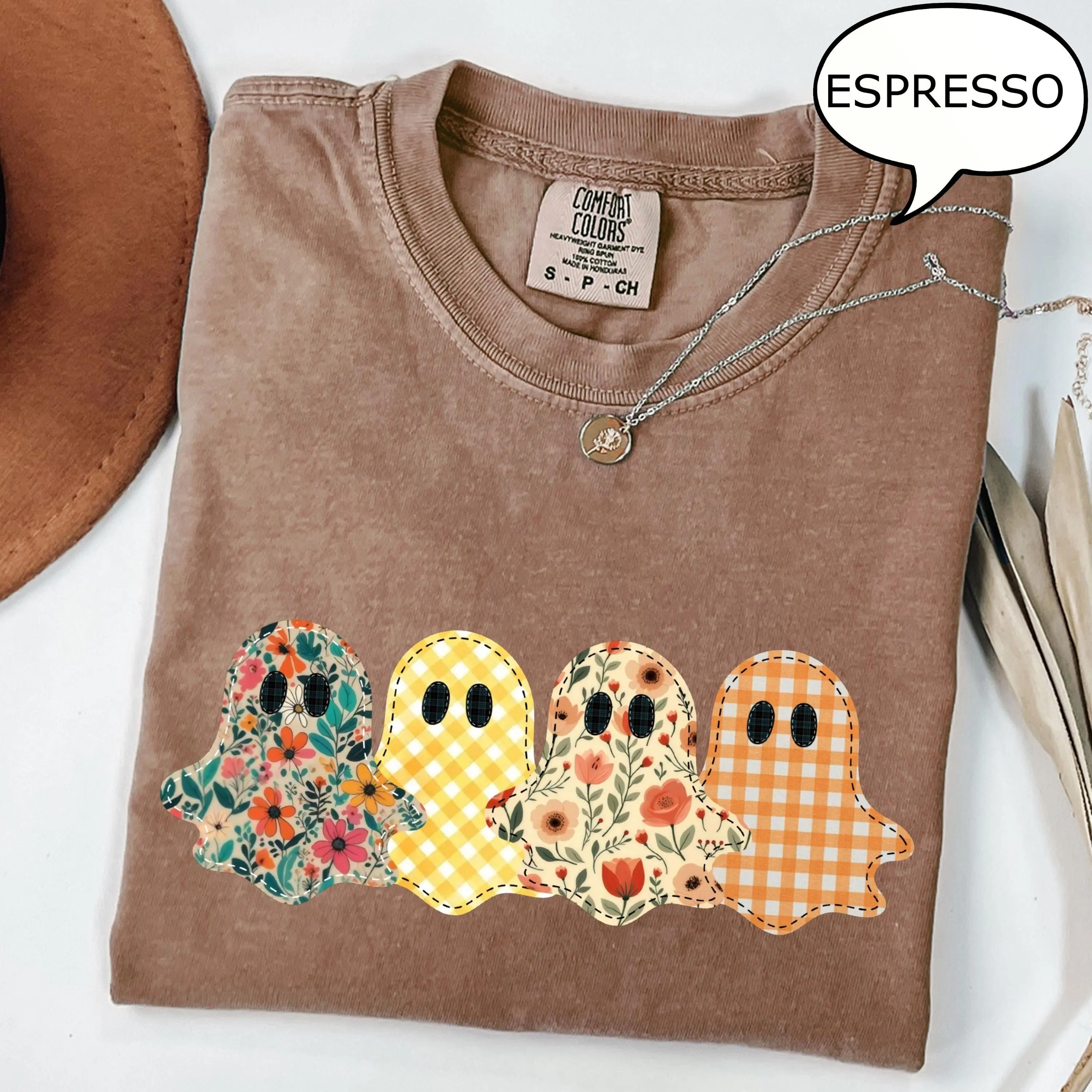 Comfort Colors Floral Patchwork Ghost Shirt, Preppy Spooky Season Graphic Tee, Halloween Gift for Women