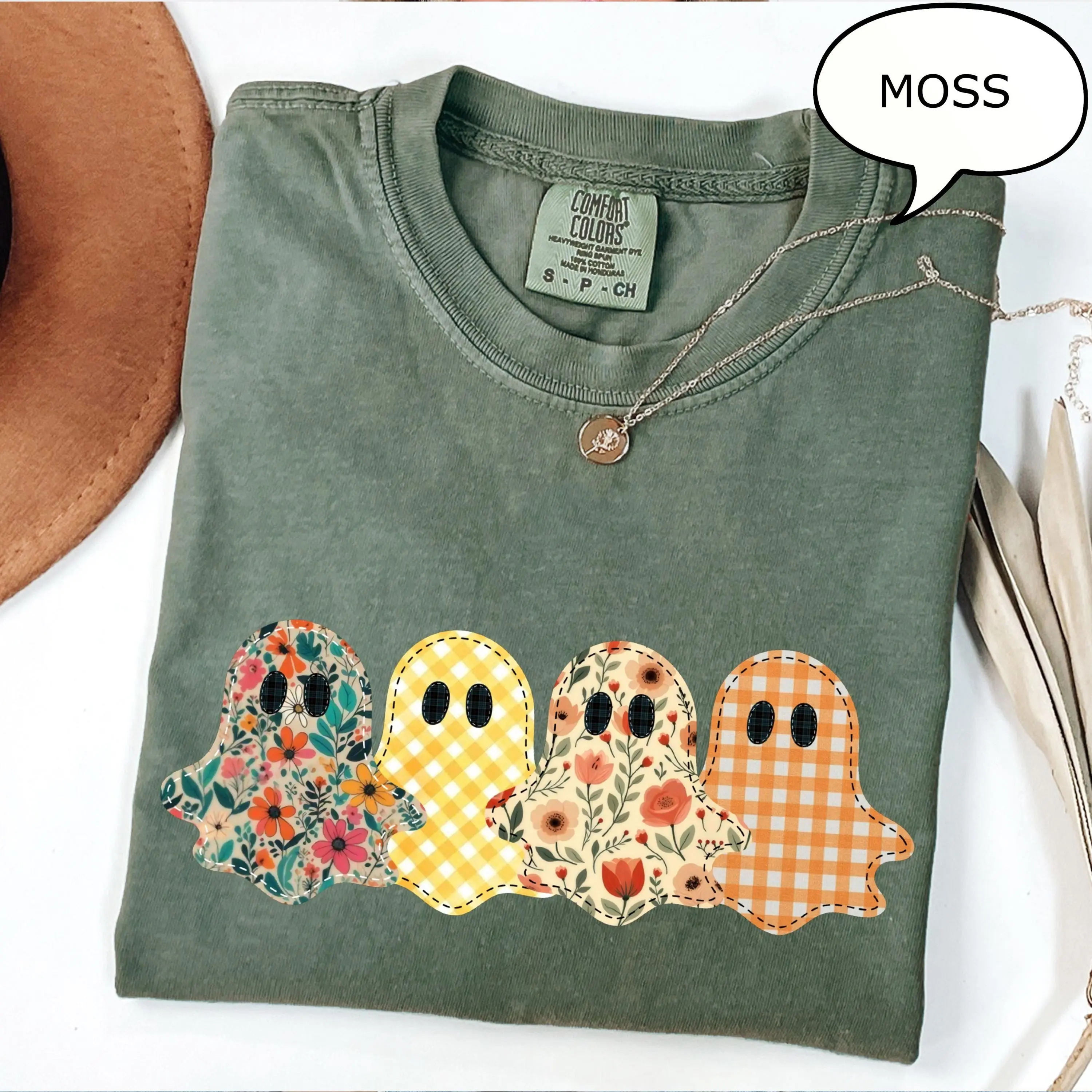 Comfort Colors Floral Patchwork Ghost Shirt, Preppy Spooky Season Graphic Tee, Halloween Gift for Women - photo 2