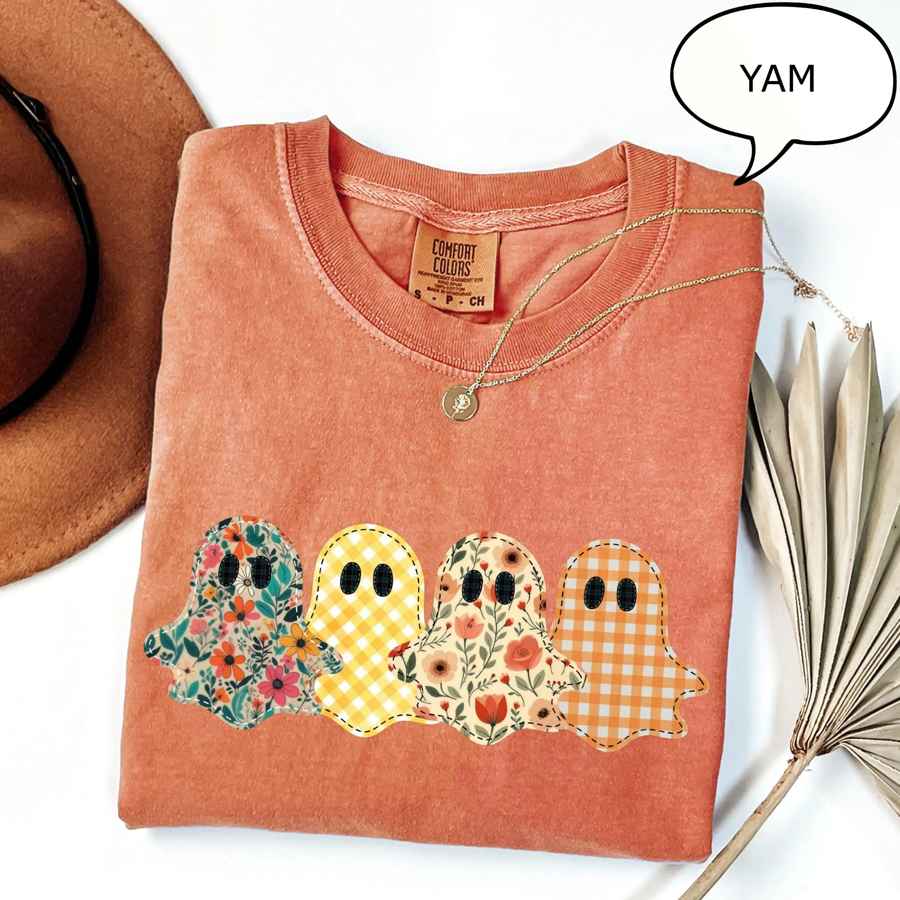 Comfort Colors Floral Patchwork Ghost Shirt, Preppy Spooky Season Graphic Tee, Halloween Gift for Women - photo 3