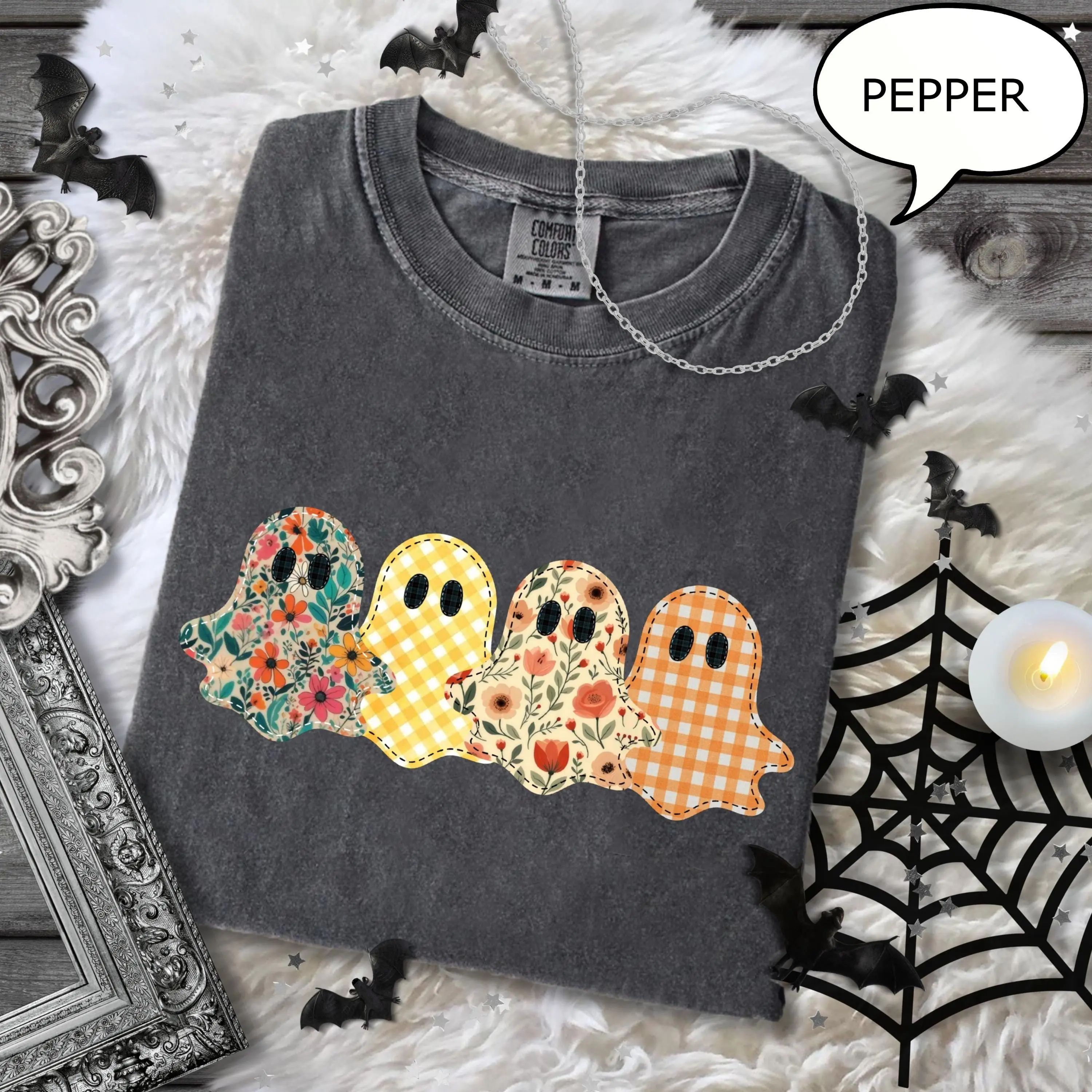 Comfort Colors Floral Patchwork Ghost Shirt, Preppy Spooky Season Graphic Tee, Halloween Gift for Women - photo 4