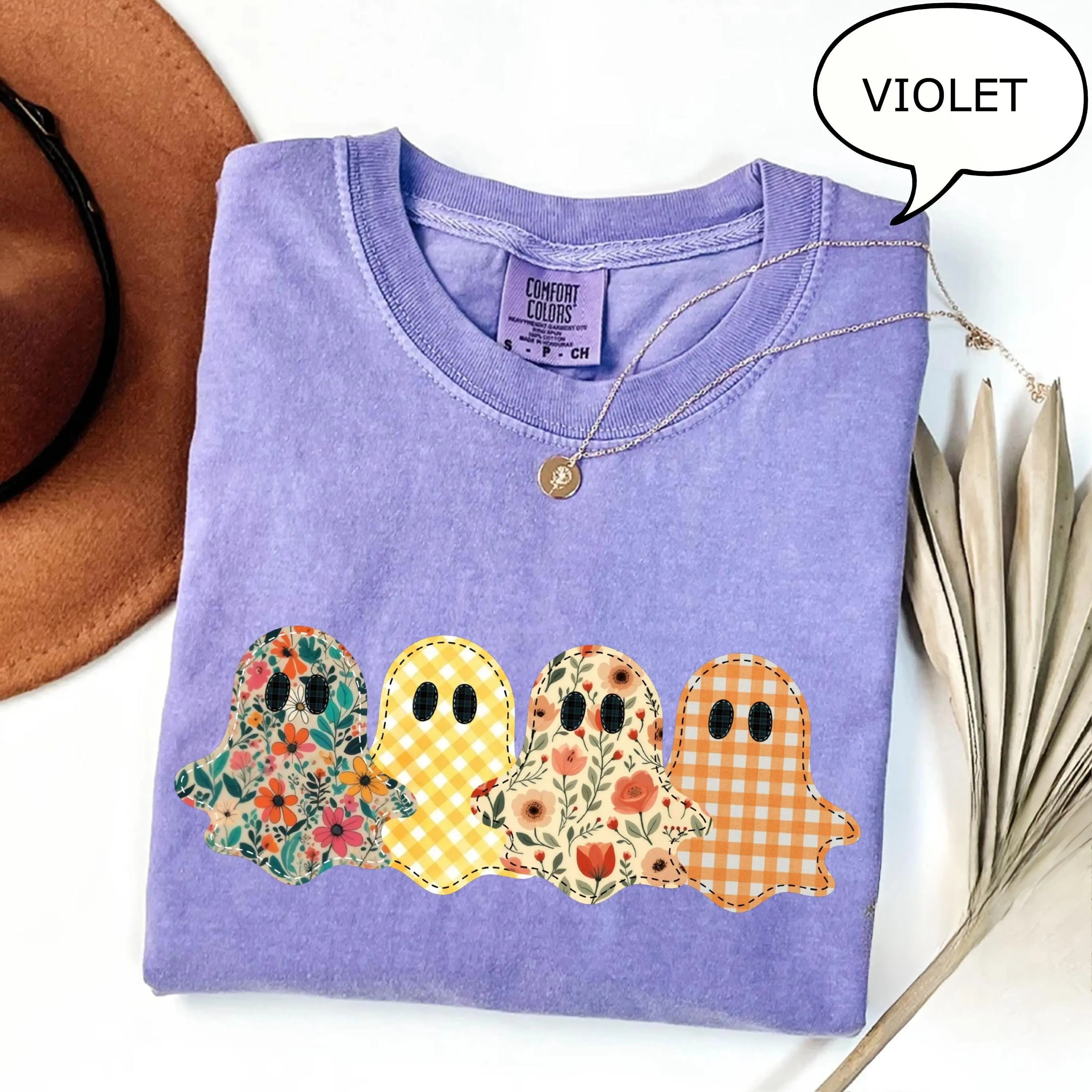 Comfort Colors Floral Patchwork Ghost Shirt, Preppy Spooky Season Graphic Tee, Halloween Gift for Women - photo 5