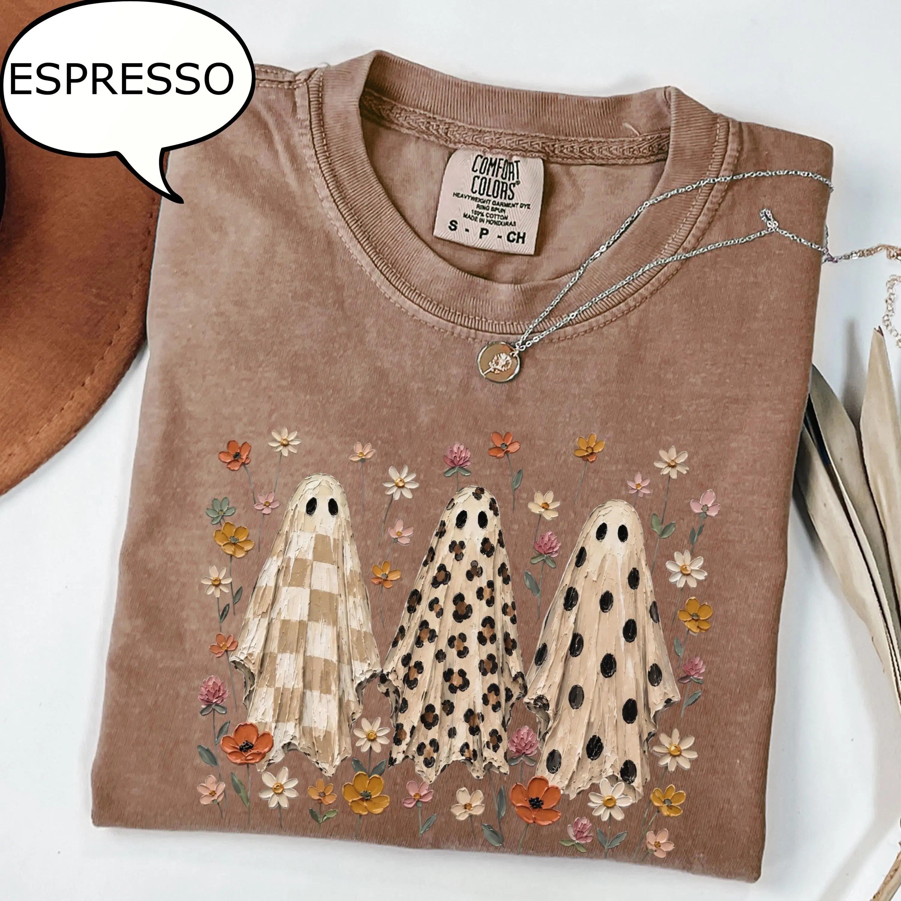 Comfort Colors Floral Ghost T-Shirt, Leopard Print Spooky Halloween Graphic Tee, Cute Fall Gift