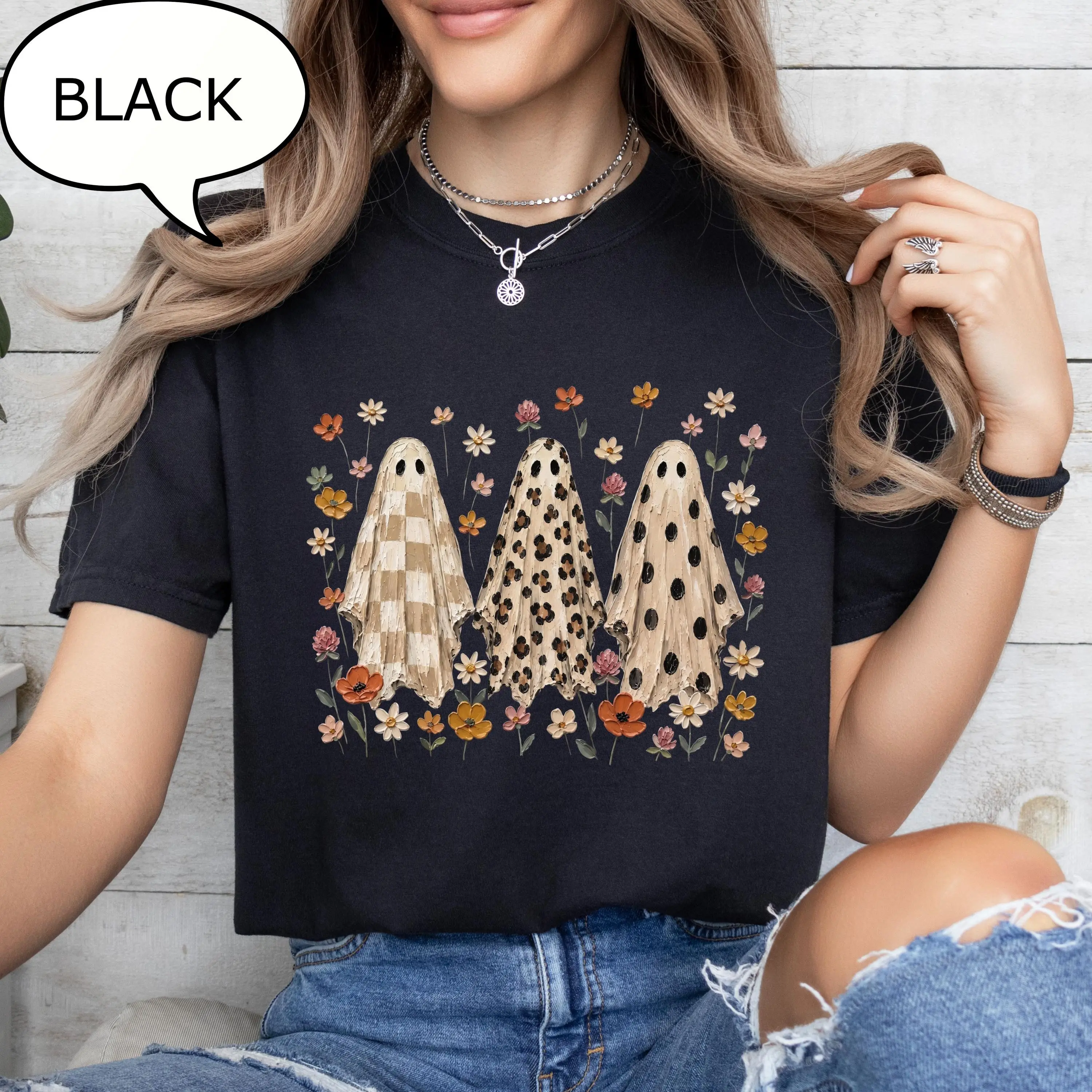 Comfort Colors Floral Ghost T-Shirt, Leopard Print Spooky Halloween Graphic Tee, Cute Fall Gift - photo 3