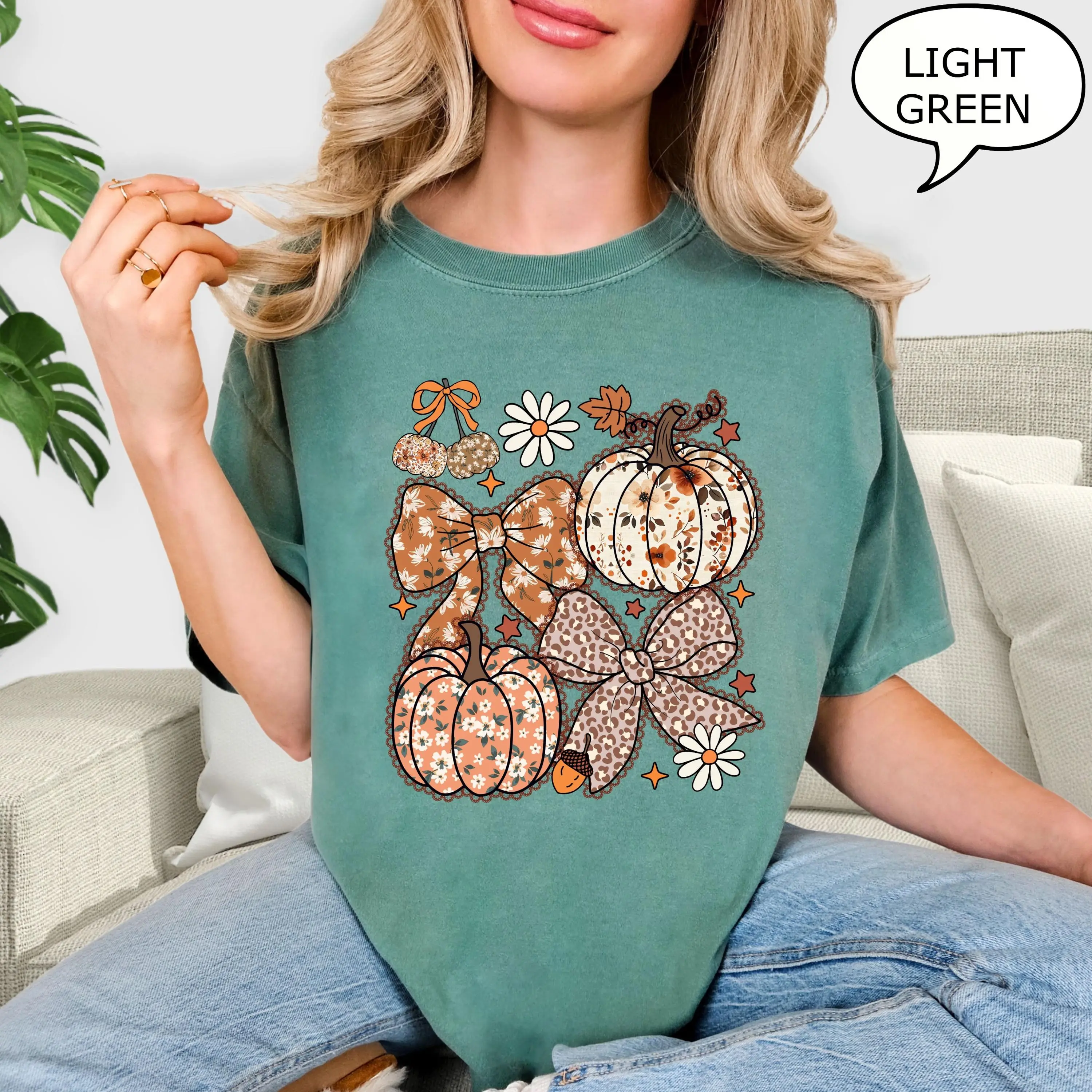 Comfort Colors Floral Pumpkin T-Shirt, Fall Coquette Bow Graphic Tee, Autumn Season Thanksgiving Gift - photo 2