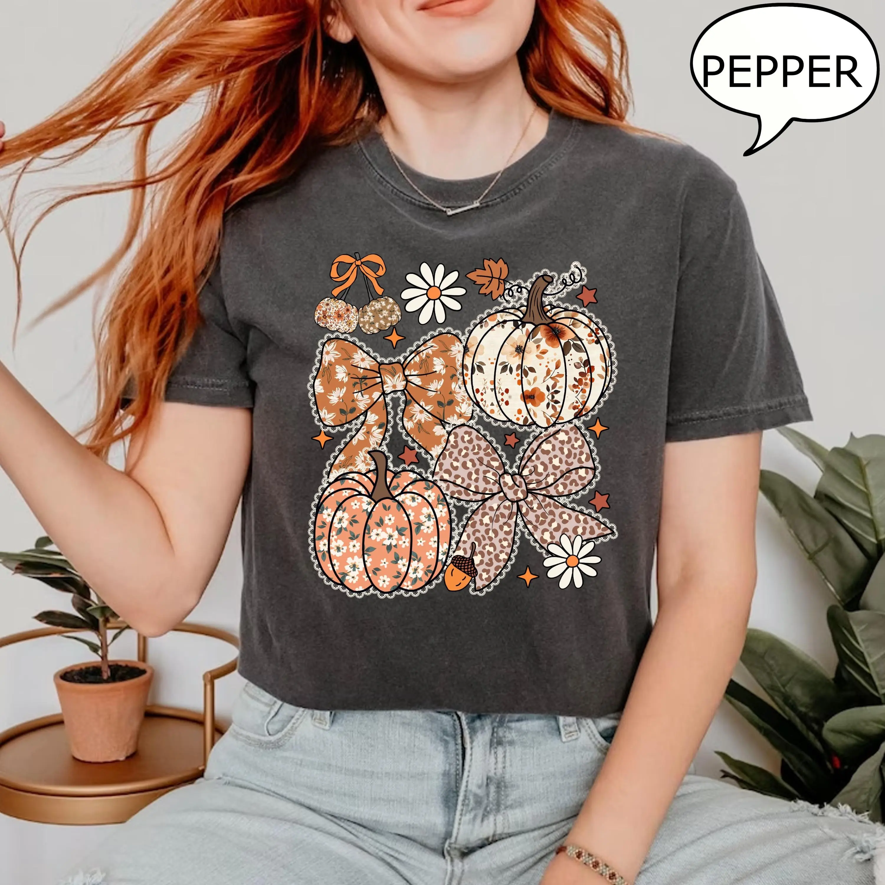 Comfort Colors Floral Pumpkin T-Shirt, Fall Coquette Bow Graphic Tee, Autumn Season Thanksgiving Gift - photo 3