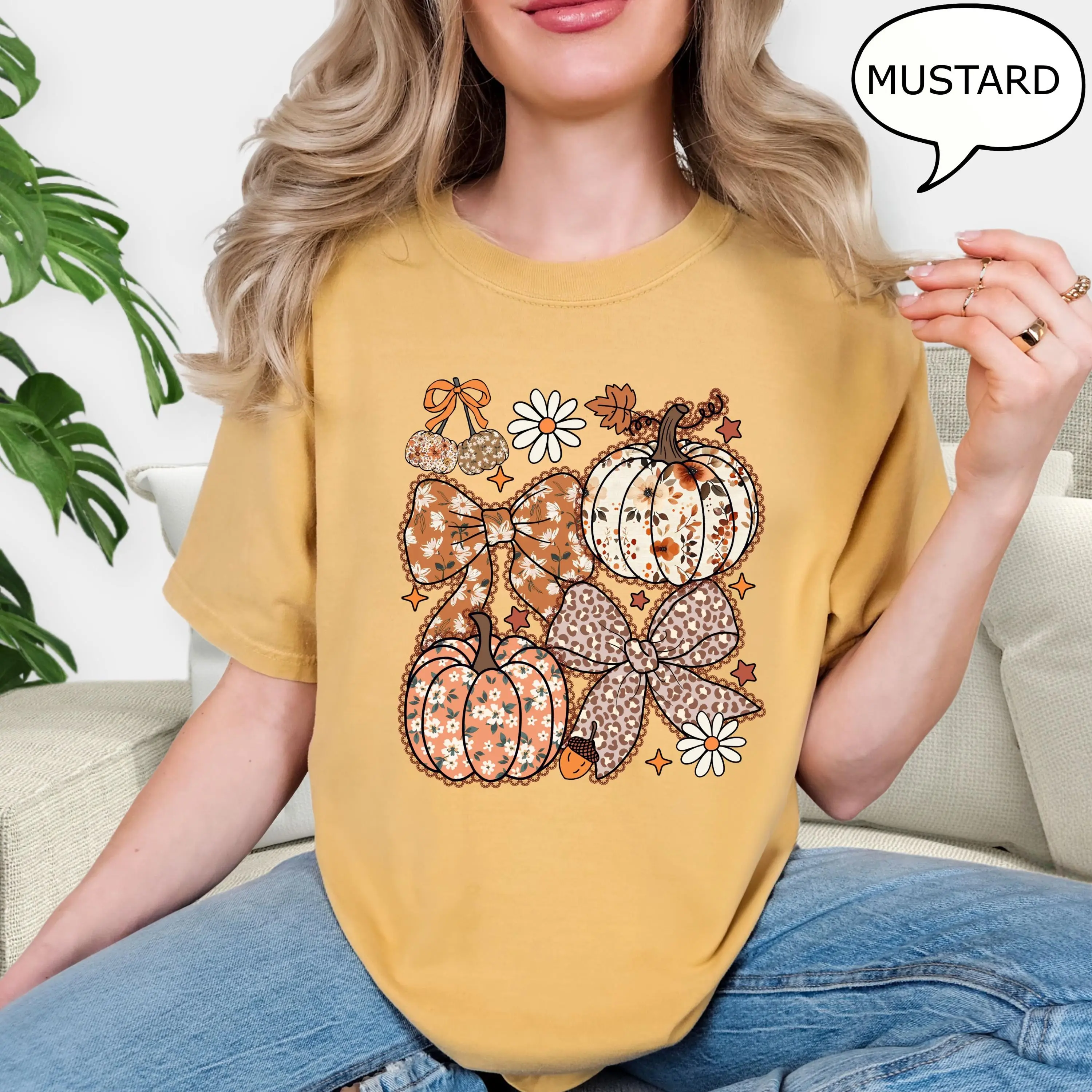 Comfort Colors Floral Pumpkin T-Shirt, Fall Coquette Bow Graphic Tee, Autumn Season Thanksgiving Gift - photo 4