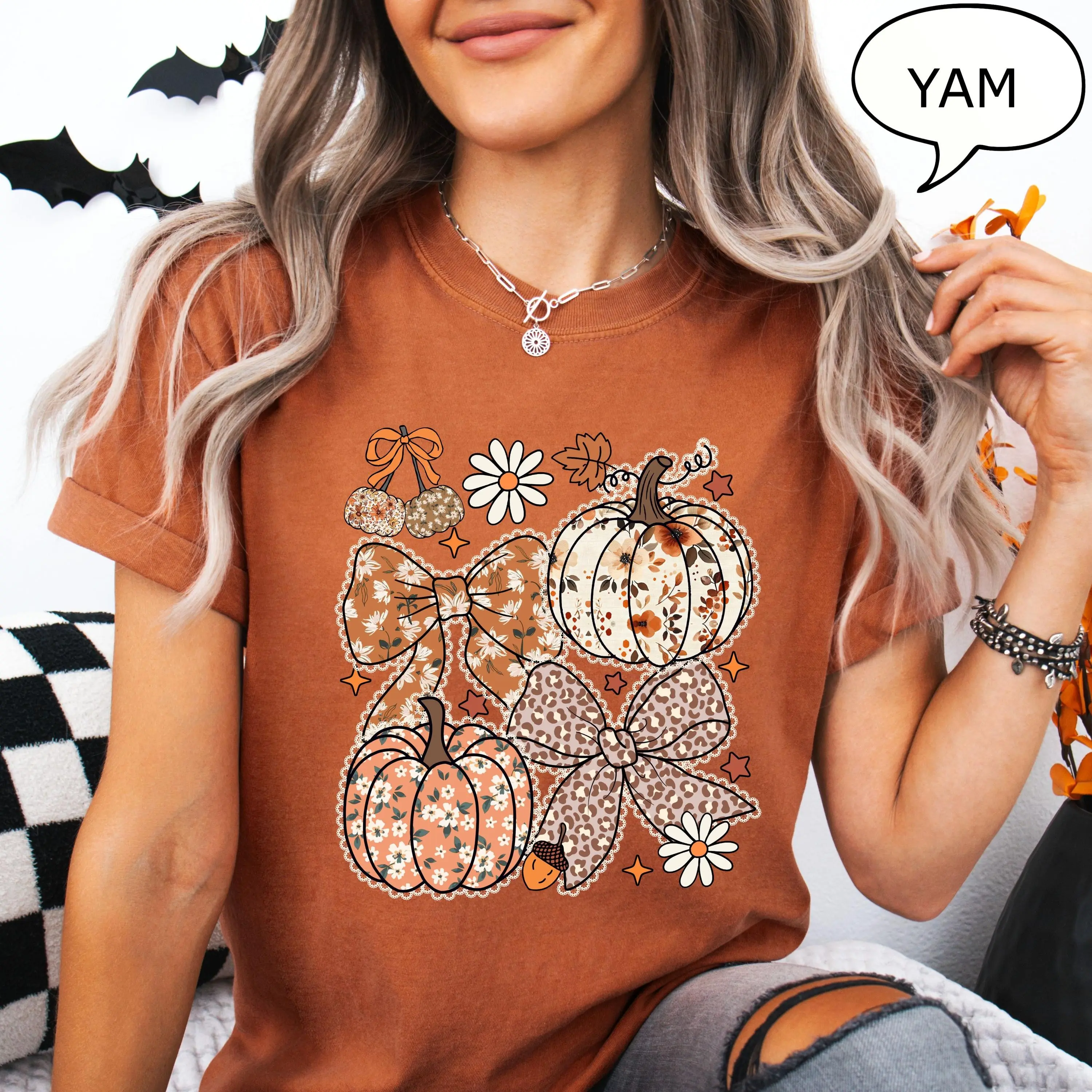 Comfort Colors Floral Pumpkin T-Shirt, Fall Coquette Bow Graphic Tee, Autumn Season Thanksgiving Gift - photo 5