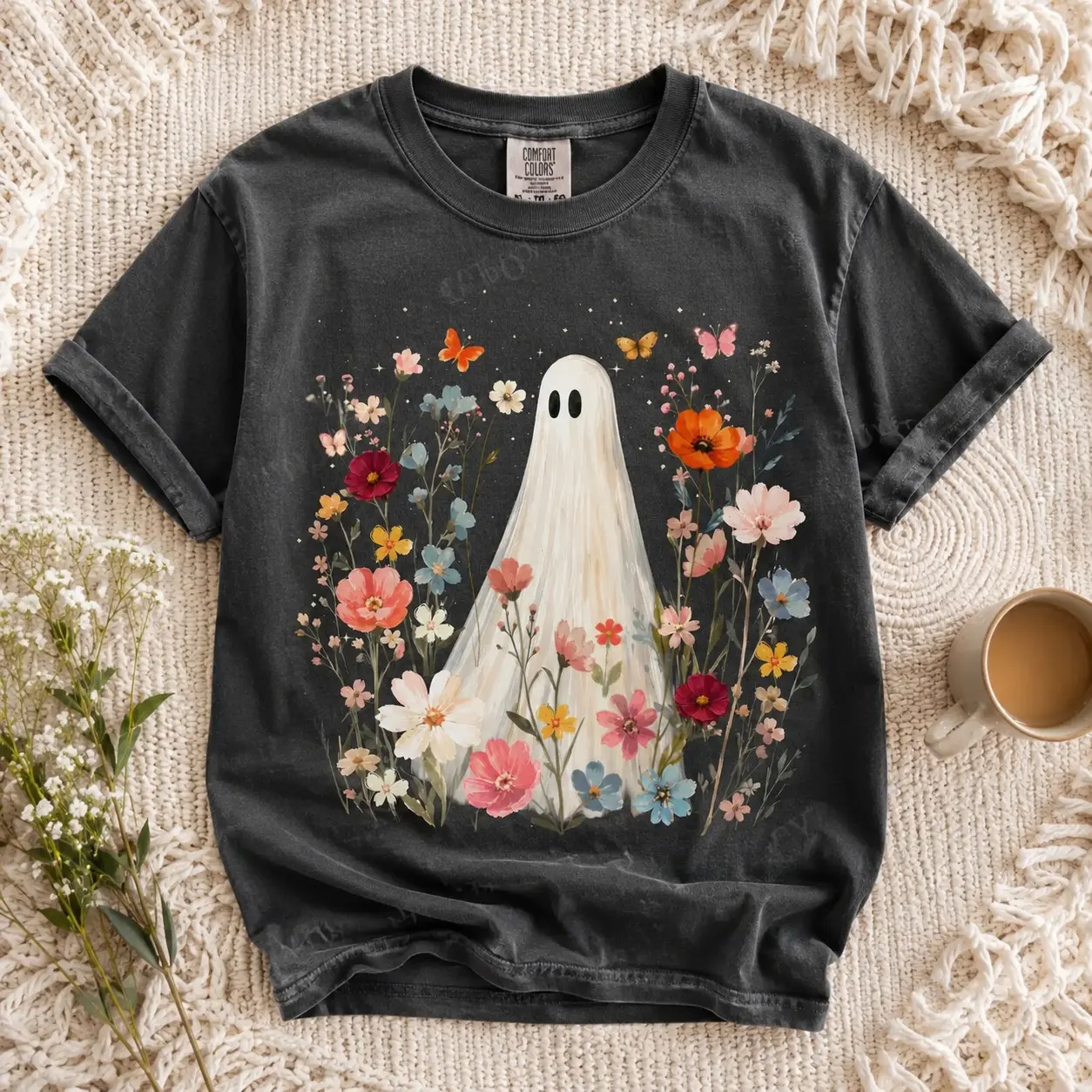 Comfort Colors Floral Wildflower Ghost Shirt, Aesthetic Pastel Goth Halloween Autumn Tee for Women - photo 2