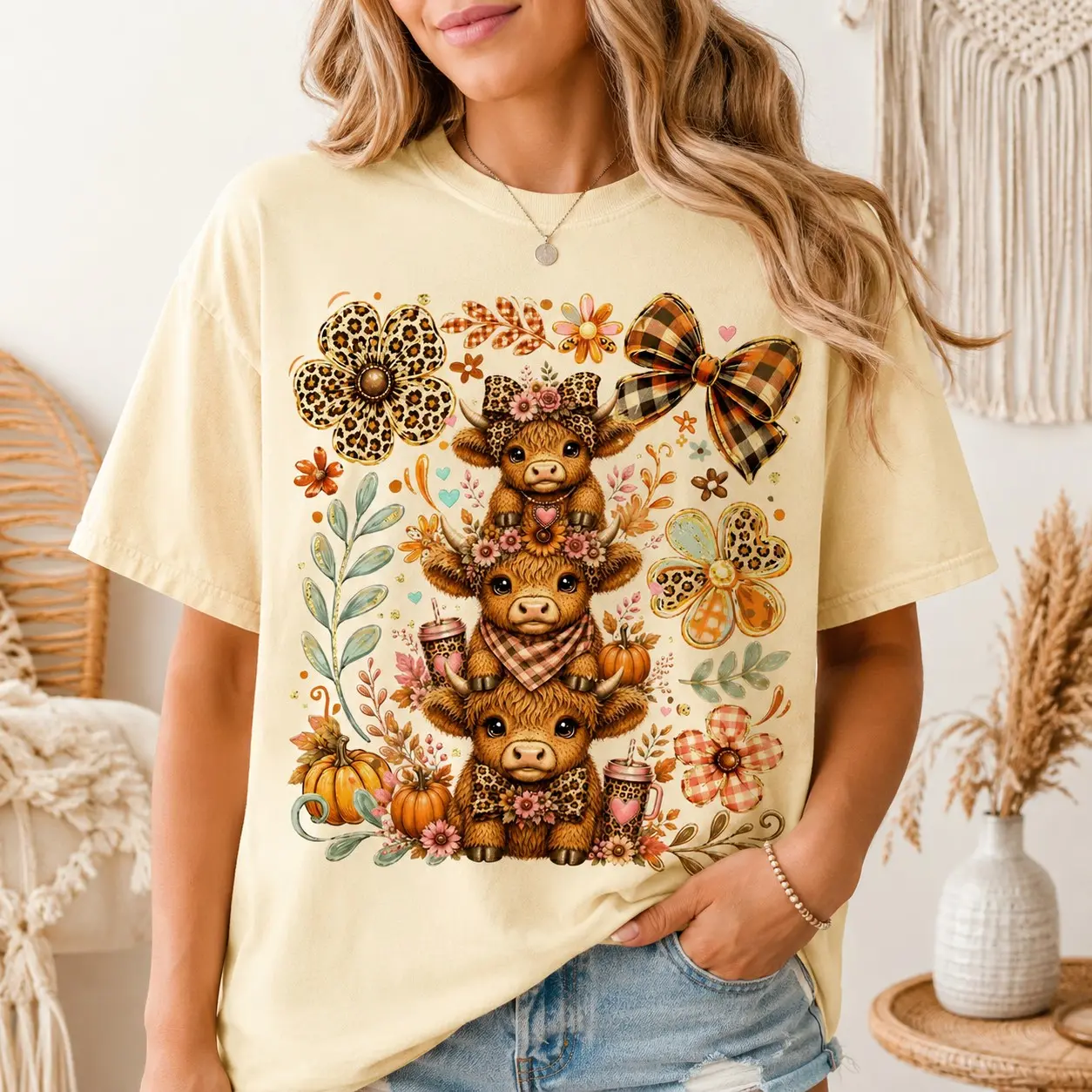 Comfort Colors Highland Cow Pumpkin Stack Shirt, Cute Country Fall Thanksgiving Sister Gift