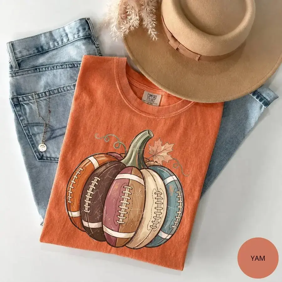 Comfort Colors Football Fall Pumpkin Shirt, Vintage Cozy Game Day Season Autumn Graphic Tee