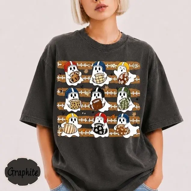 Comfort Colors Football Ghost Shirt, Spooky Halloween Game Day Tee, Fall Fan Graphic Top - photo 2