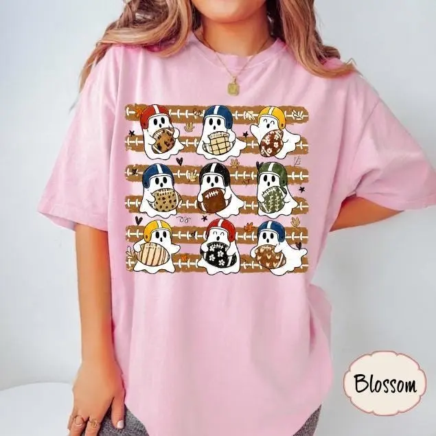 Comfort Colors Football Ghost Shirt, Spooky Halloween Game Day Tee, Fall Fan Graphic Top - photo 4