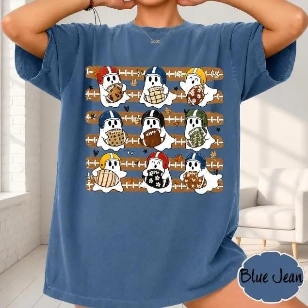 Comfort Colors Football Ghost Shirt, Spooky Halloween Game Day Tee, Fall Fan Graphic Top - photo 5