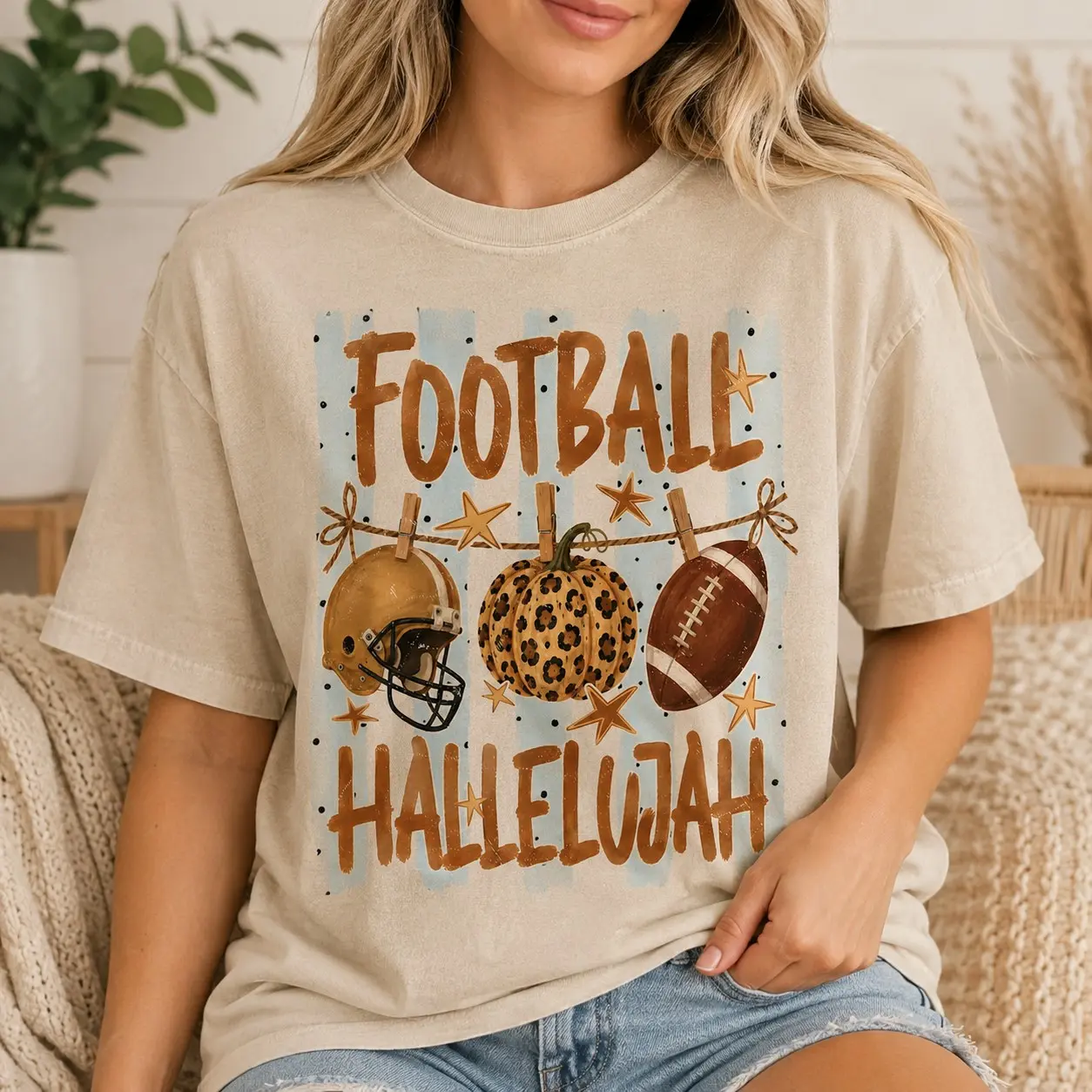 Comfort Colors Football Hallelujah Helmet Shirt, Leopard Pumpkin Game Day Tailgate Autumn Tee for Women