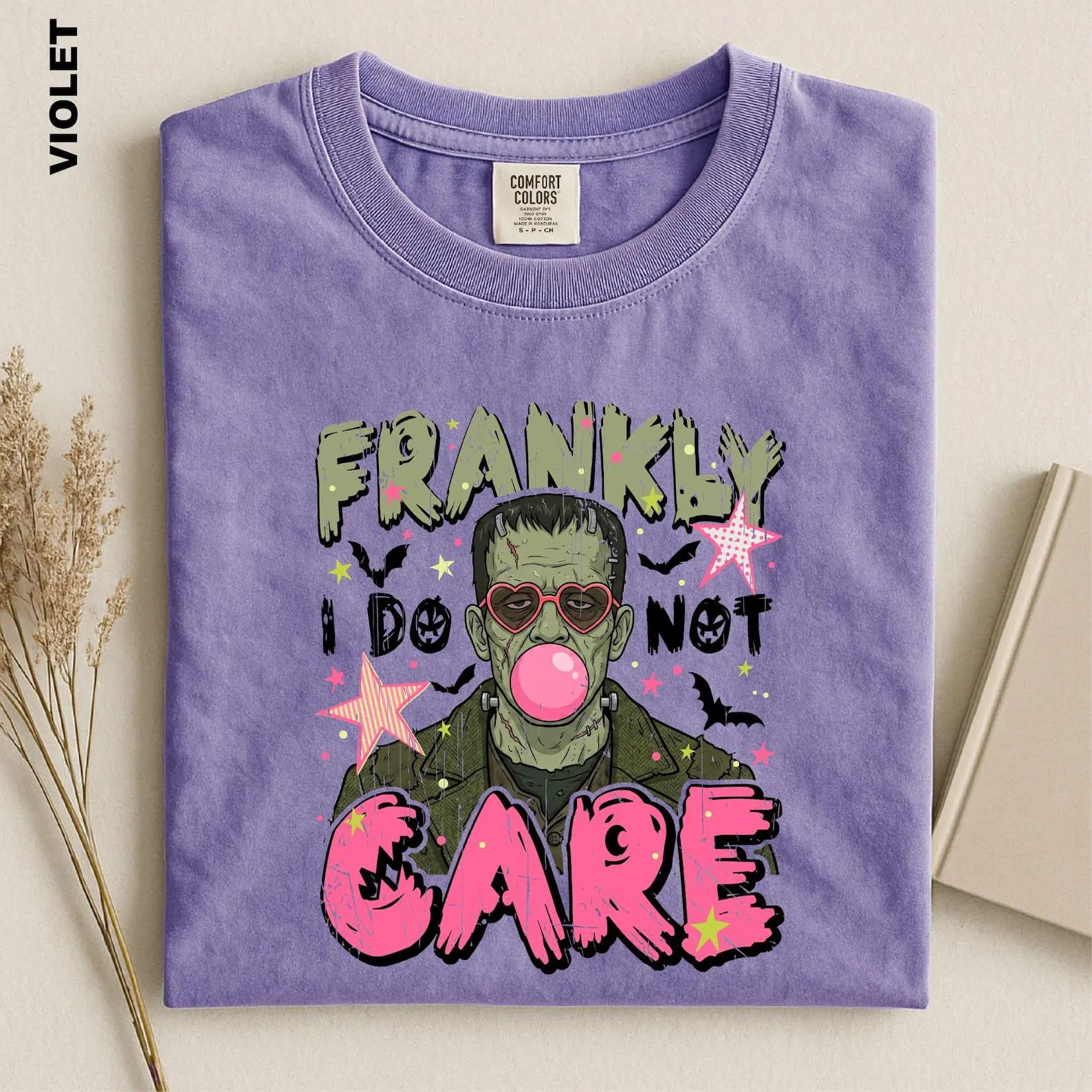 Comfort Colors Frankly I Do Not Care Shirt, Frankenstein Bubblegum Funny Halloween Horror Tee, Spooky Season Gift - photo 2