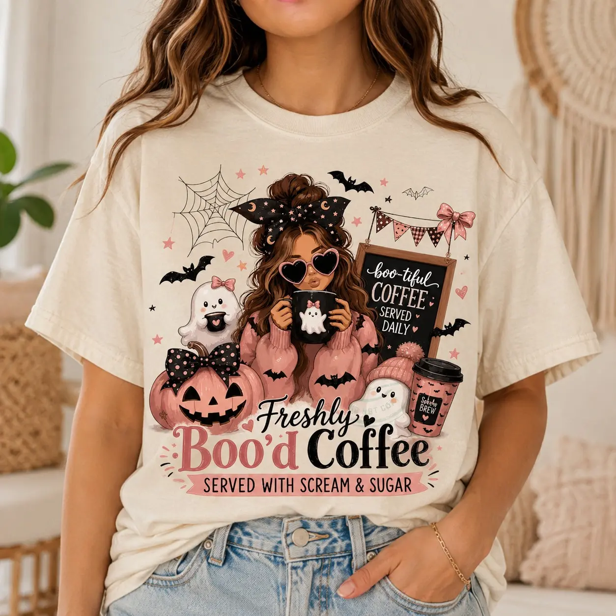 Comfort Colors Freshly Bood Coffee Barista Ghost Shirt, Vintage Cozy Cafe Halloween Autumn Tee for Women
