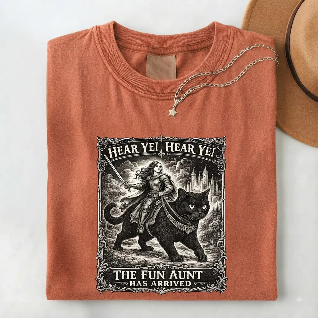 Comfort Colors Hear Ye Fun Aunt Has Arrived Shirt, Knight Riding Black Cat Funny Auntie Meme Tee