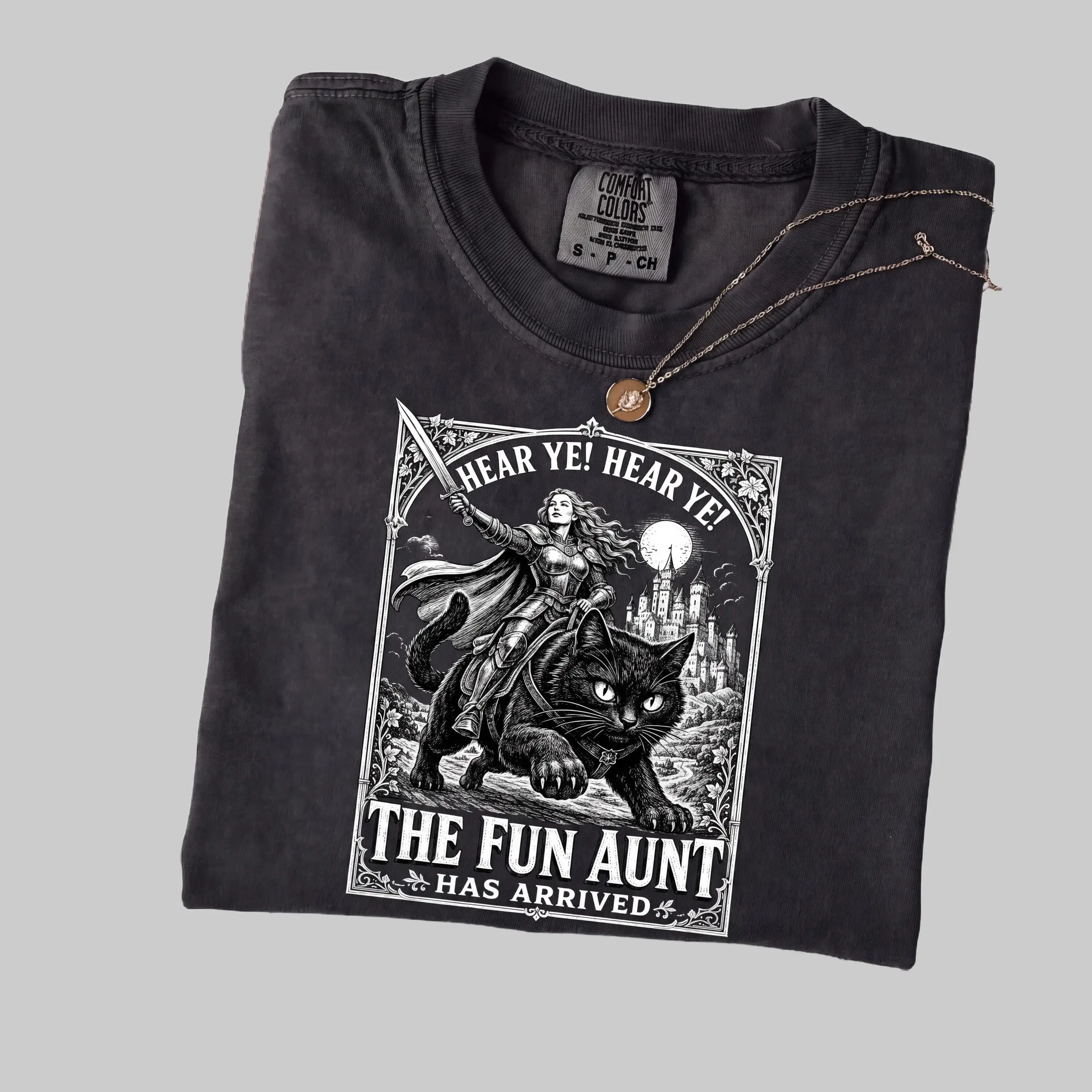 Comfort Colors Fun Aunt Medieval Knight Riding Black Cat Shirt, Hear Ye Has Arrived Funny Auntie Meme Tee