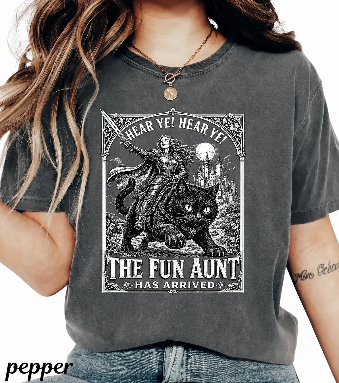 Comfort Colors Fun Aunt Medieval Knight Riding Black Cat Shirt, Hear Ye Has Arrived Funny Auntie Meme Tee - photo 2