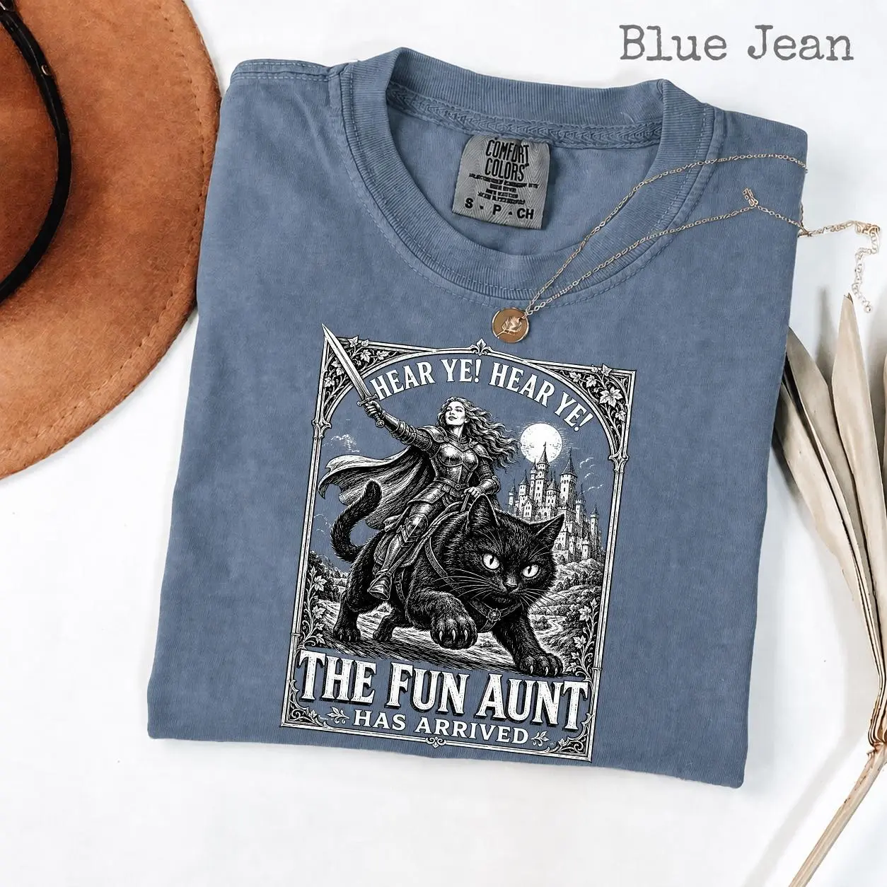 Comfort Colors Fun Aunt Medieval Knight Riding Black Cat Shirt, Hear Ye Has Arrived Funny Auntie Meme Tee - photo 3