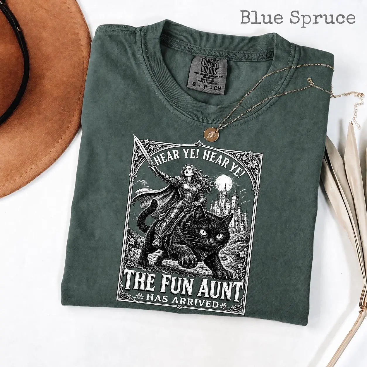 Comfort Colors Fun Aunt Medieval Knight Riding Black Cat Shirt, Hear Ye Has Arrived Funny Auntie Meme Tee - photo 4