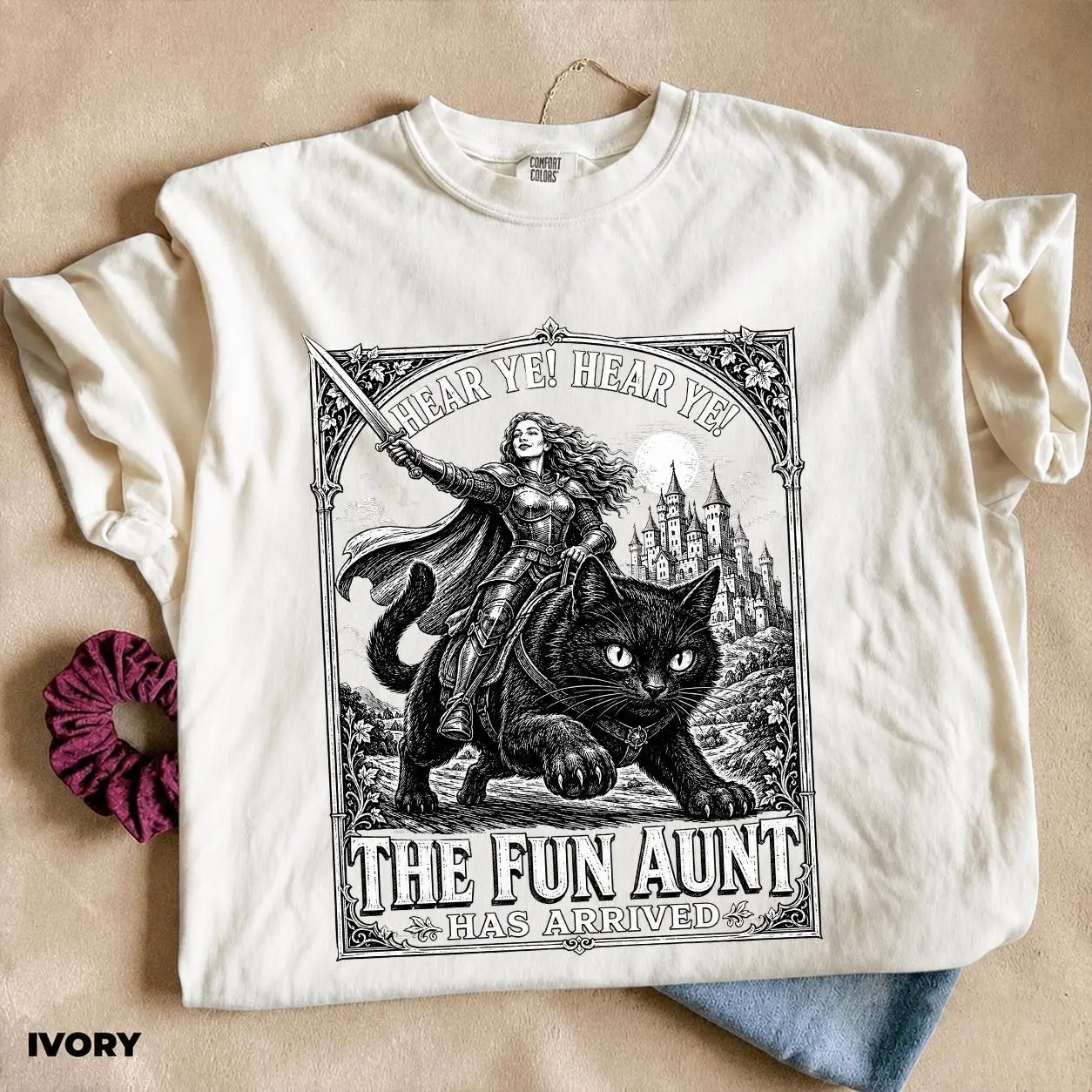 Comfort Colors Fun Aunt Medieval Knight Riding Black Cat Shirt, Hear Ye Has Arrived Funny Auntie Meme Tee - photo 5