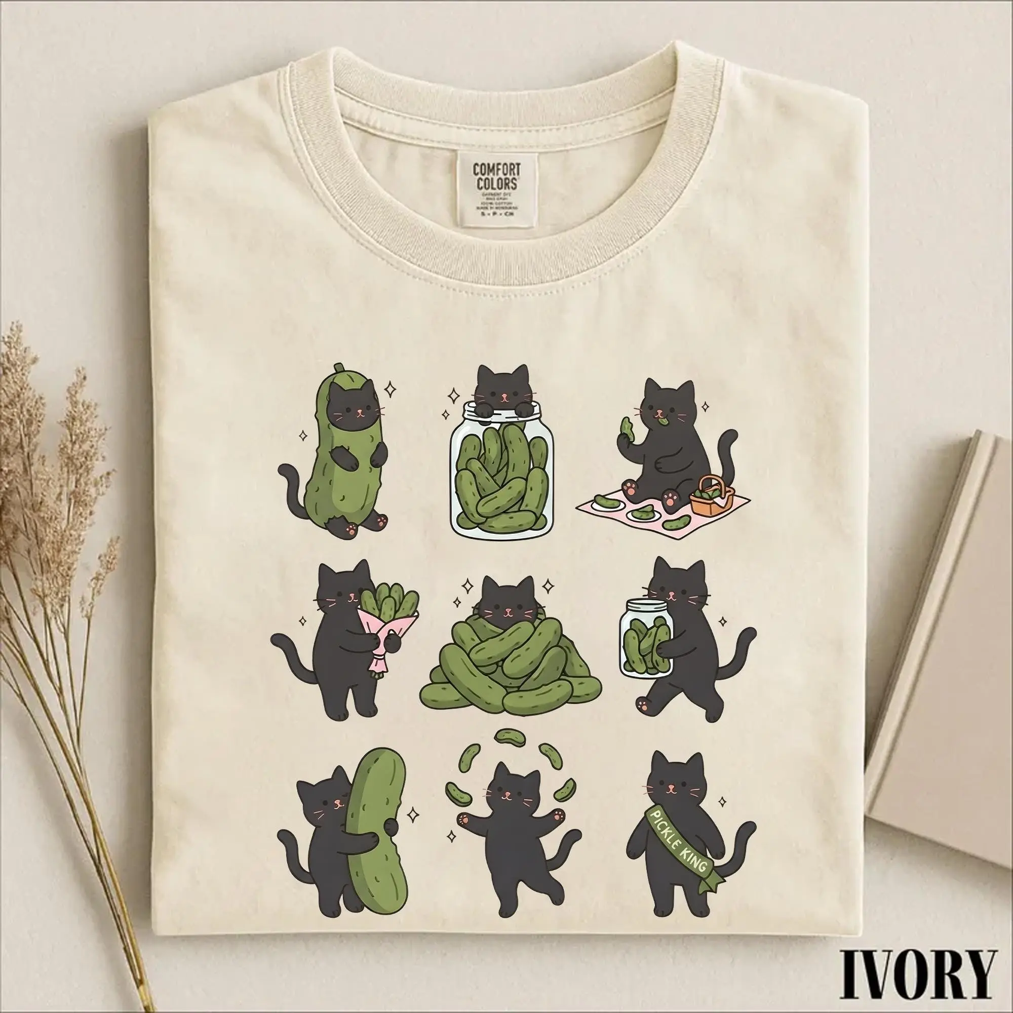 Comfort Colors Funny Black Cat Pickle Shirt, Cute Cottagecore Graphic Tee, Pickles Lover Fall Gift