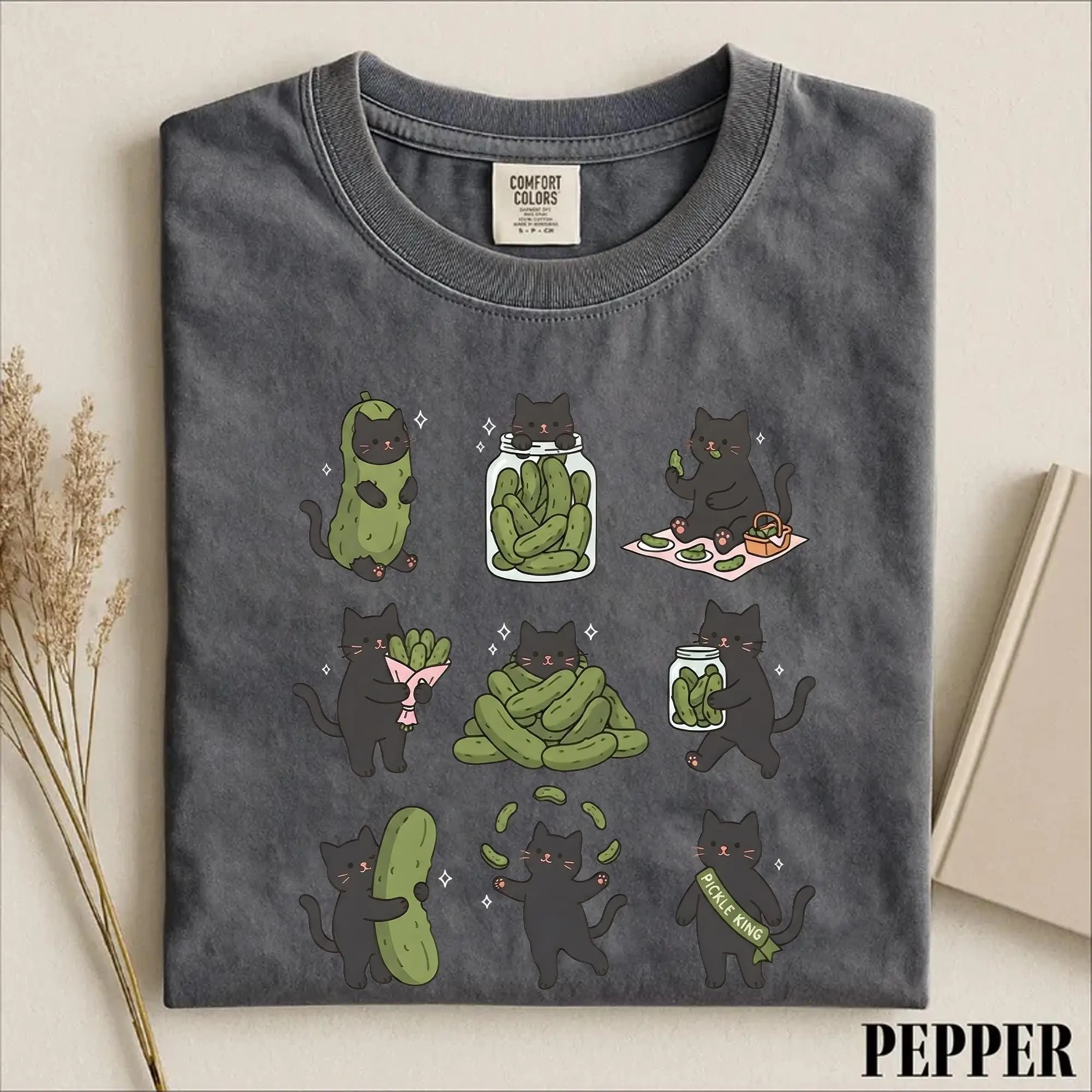 Comfort Colors Funny Black Cat Pickle Shirt, Cute Cottagecore Graphic Tee, Pickles Lover Fall Gift - photo 5