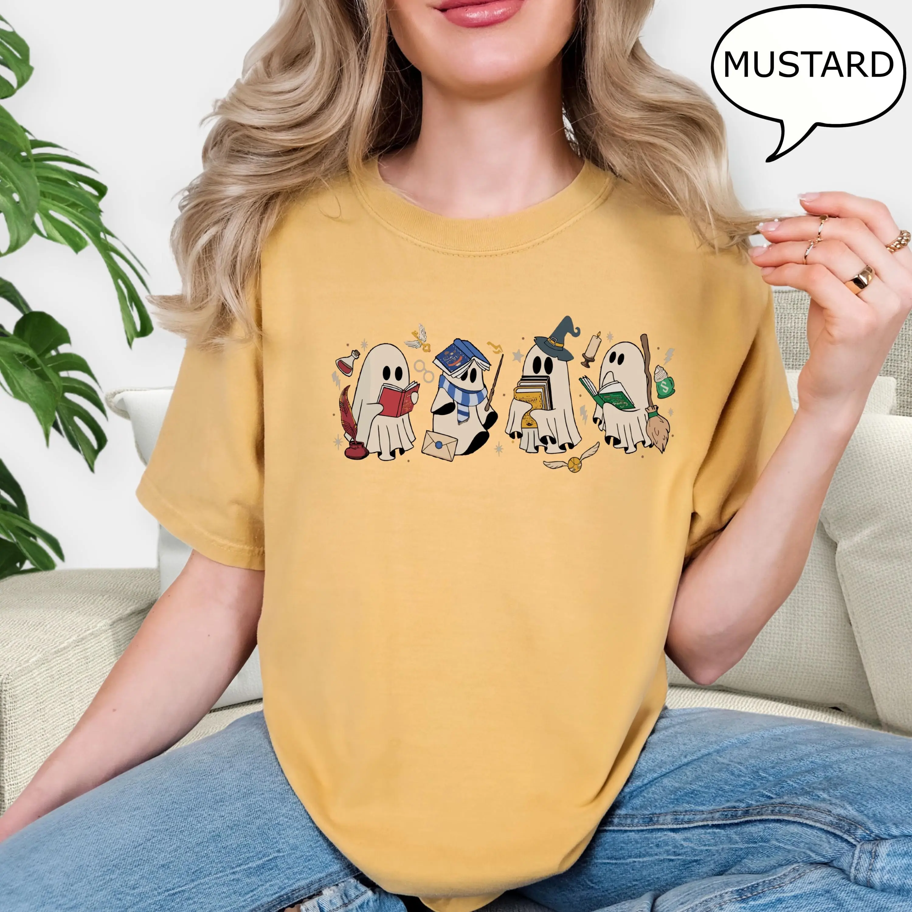 Comfort Colors Funny Book Lover Ghost T-Shirt, Teacher Halloween Graphic Tee, Spooky Fall Gift - photo 3