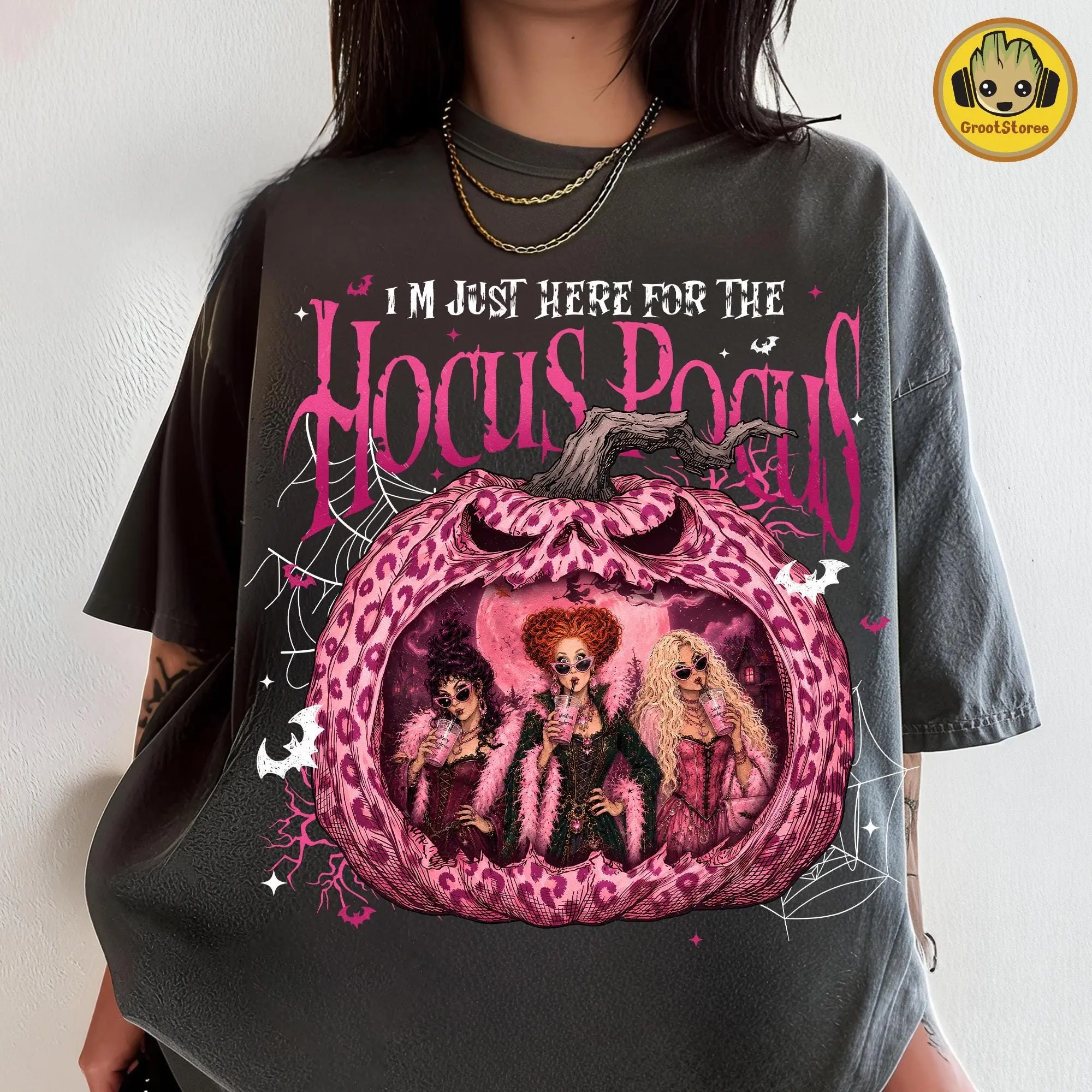 Comfort Colors Funny Doll Face Halloween Shirt, Just Here For The Witches Tee, Cute Spooky Haunted Pumpkin Scene Top