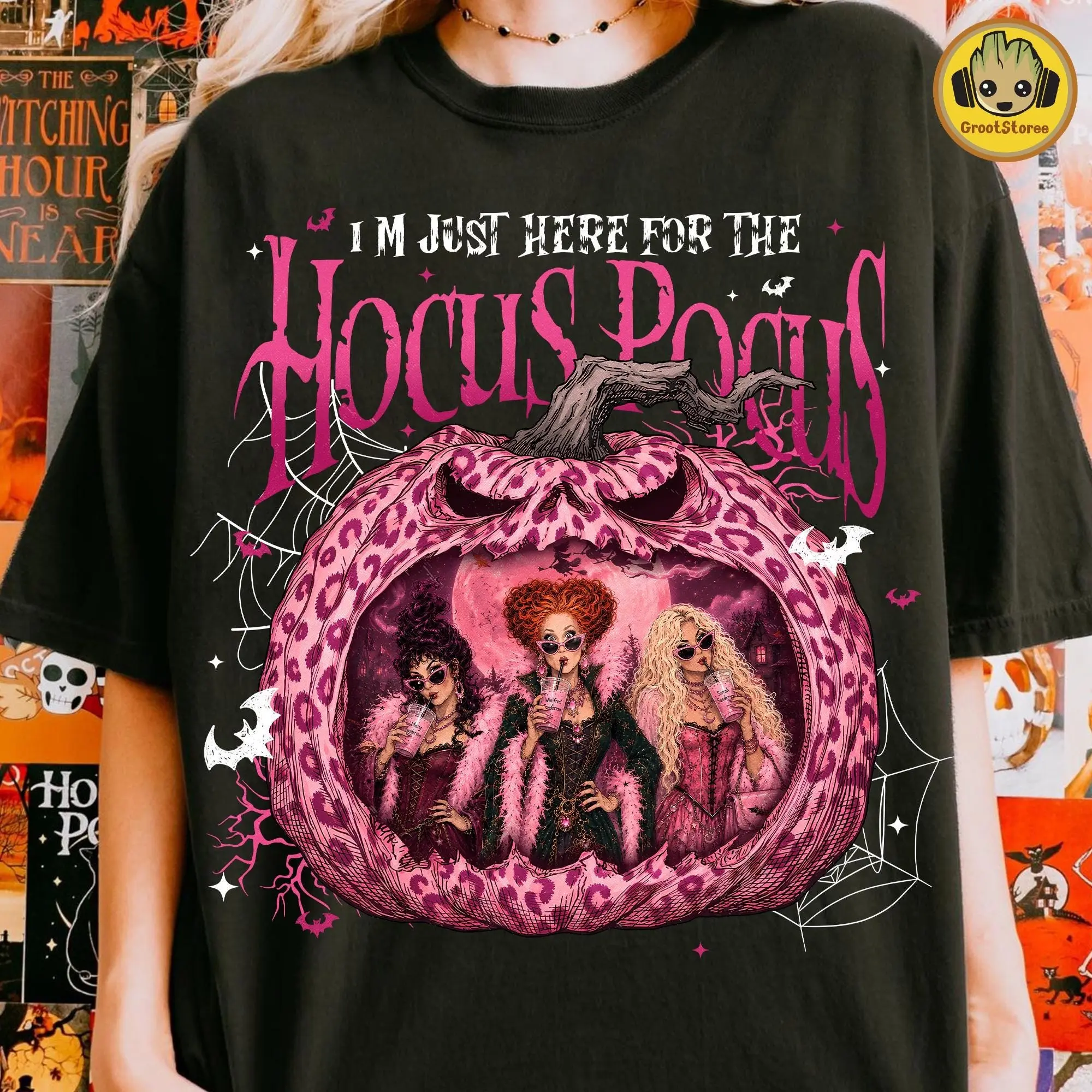 Comfort Colors Funny Doll Face Halloween Shirt, Just Here For The Witches Tee, Cute Spooky Haunted Pumpkin Scene Top - photo 2