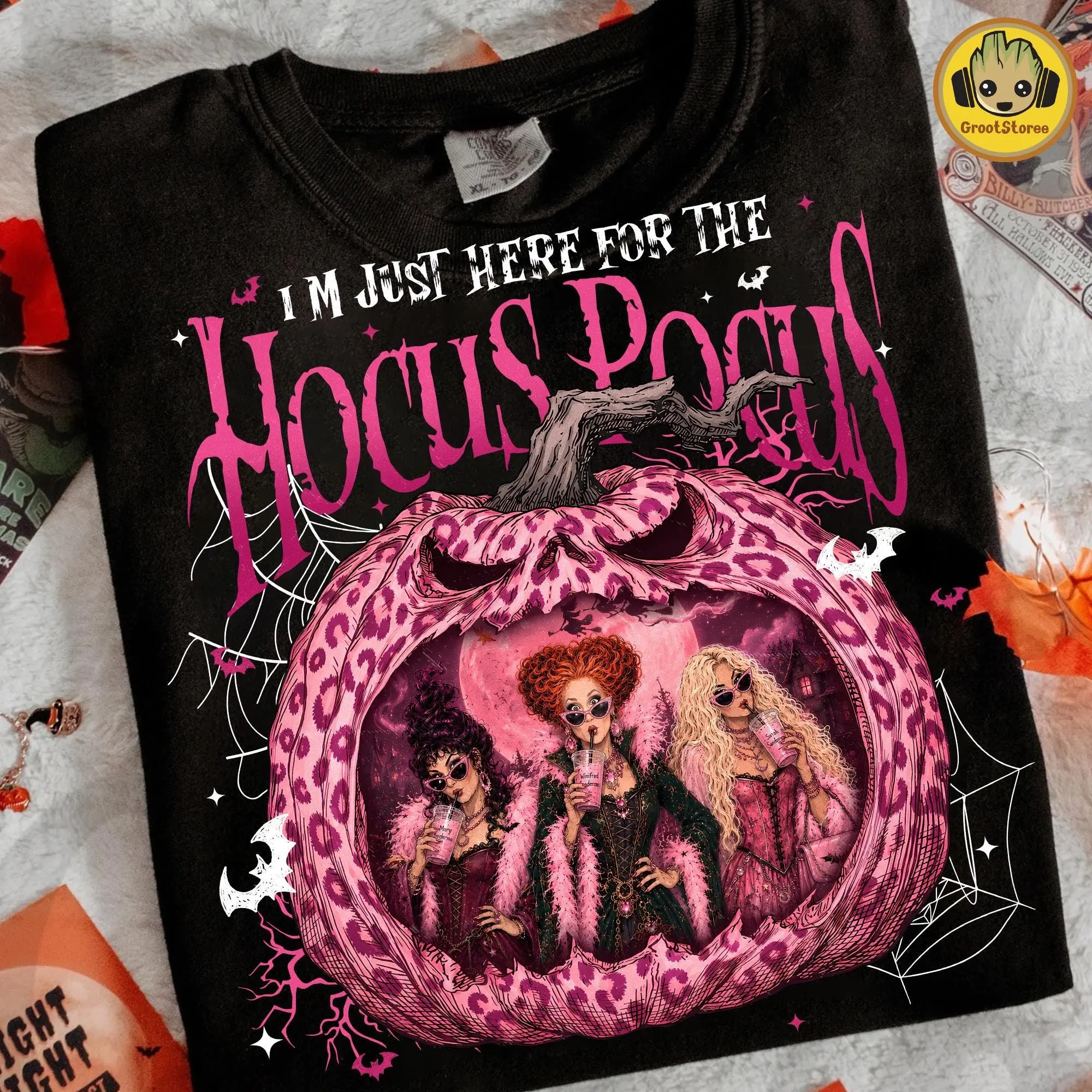 Comfort Colors Funny Doll Face Halloween Shirt, Just Here For The Witches Tee, Cute Spooky Haunted Pumpkin Scene Top - photo 3