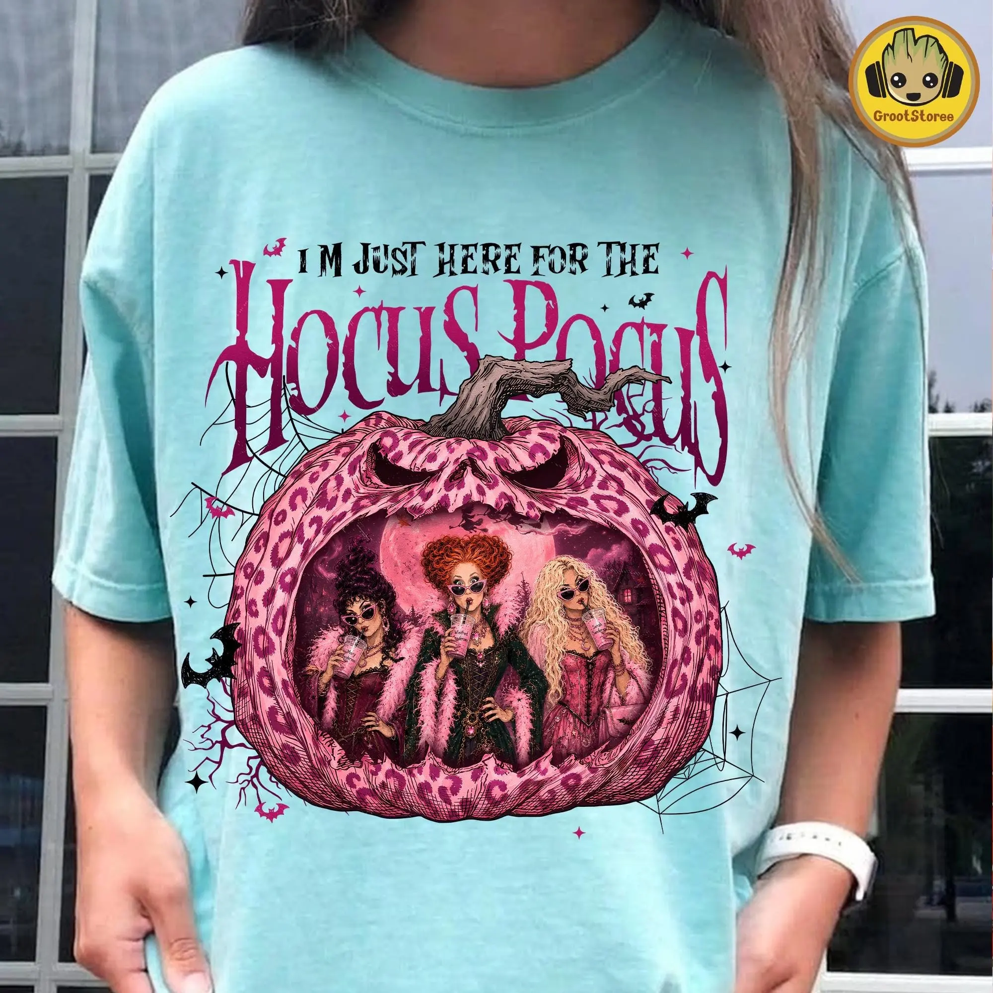 Comfort Colors Funny Doll Face Halloween Shirt, Just Here For The Witches Tee, Cute Spooky Haunted Pumpkin Scene Top - photo 4