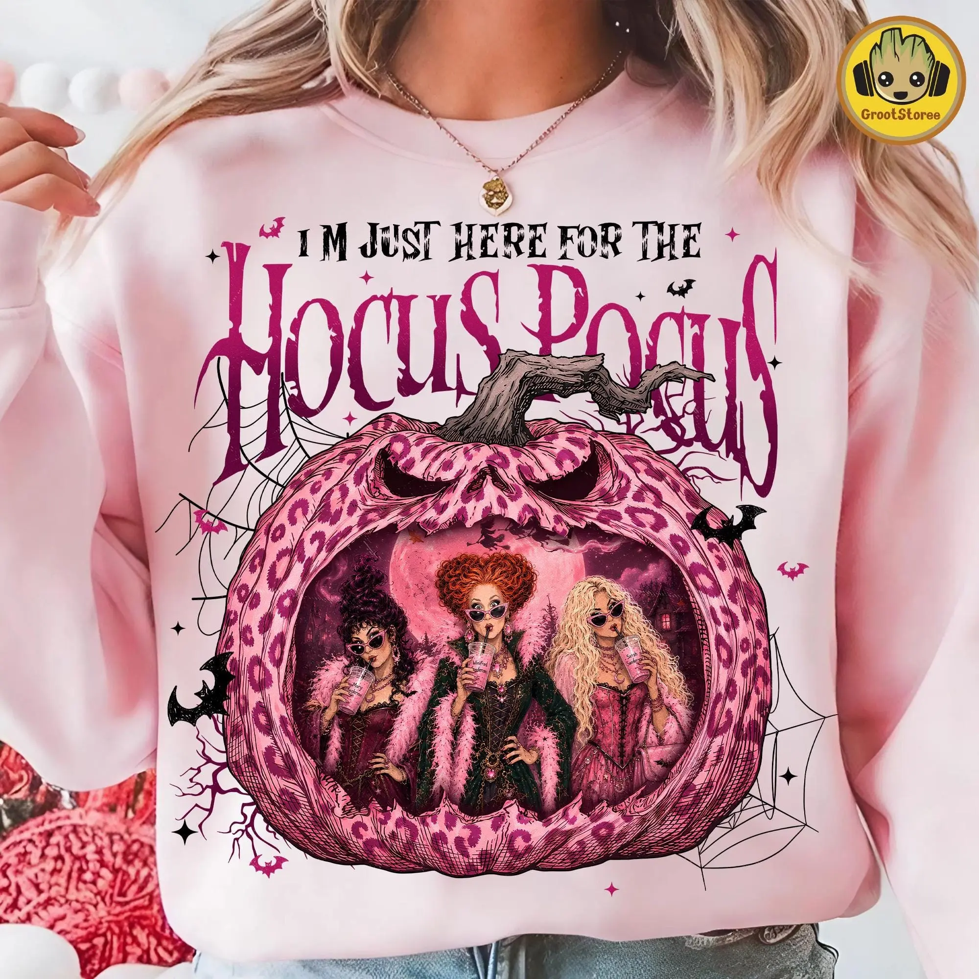Comfort Colors Funny Doll Face Halloween Shirt, Just Here For The Witches Tee, Cute Spooky Haunted Pumpkin Scene Top - photo 5