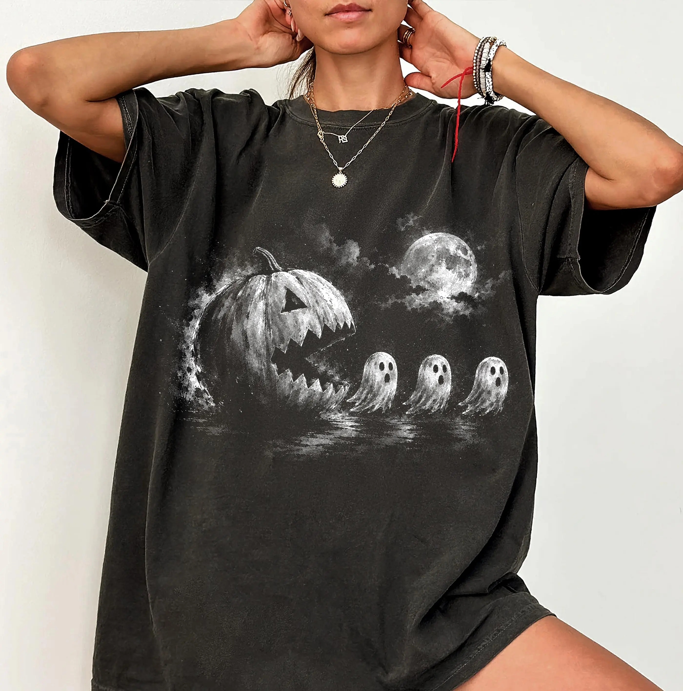 Comfort Colors Funny Ghost Chase Pumpkin Halftone Shirt, Cute Halloween Moon Jack O Lantern Cartoon Tee - photo 3