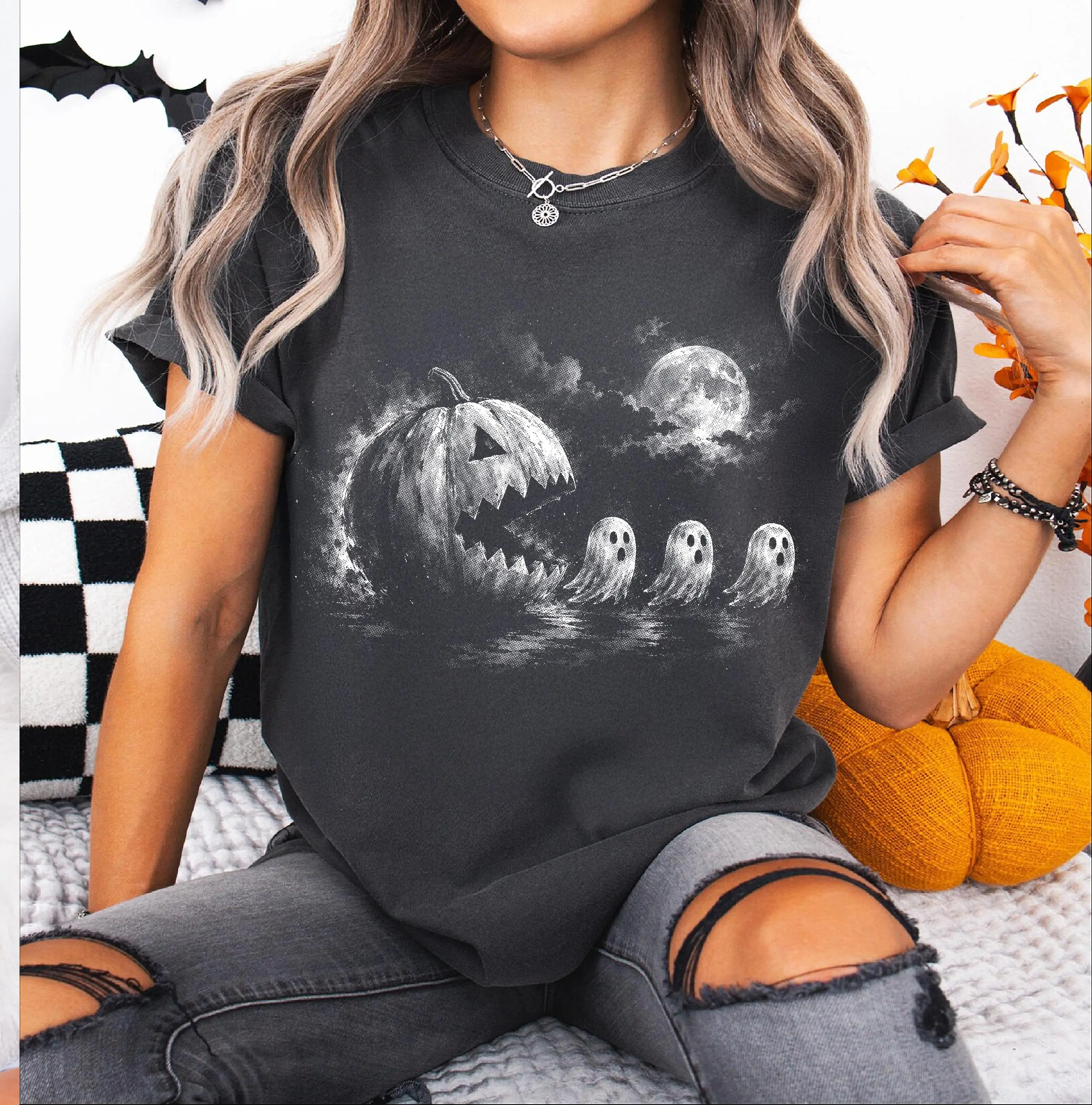Comfort Colors Funny Ghost Chase Pumpkin Halftone Shirt, Cute Halloween Moon Jack O Lantern Cartoon Tee - photo 4