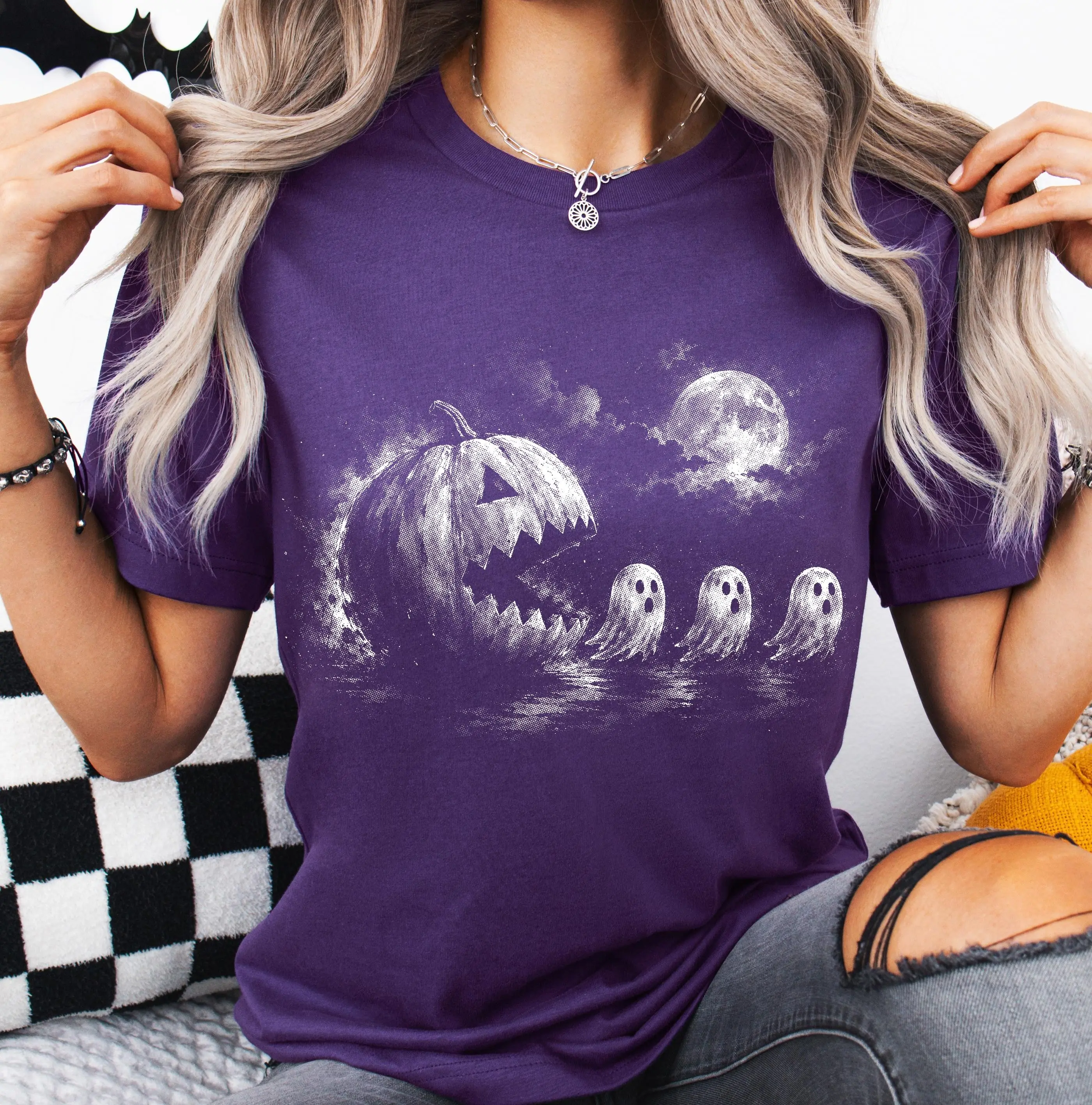 Comfort Colors Funny Ghost Chase Pumpkin Halftone Shirt, Cute Halloween Moon Jack O Lantern Cartoon Tee - photo 5