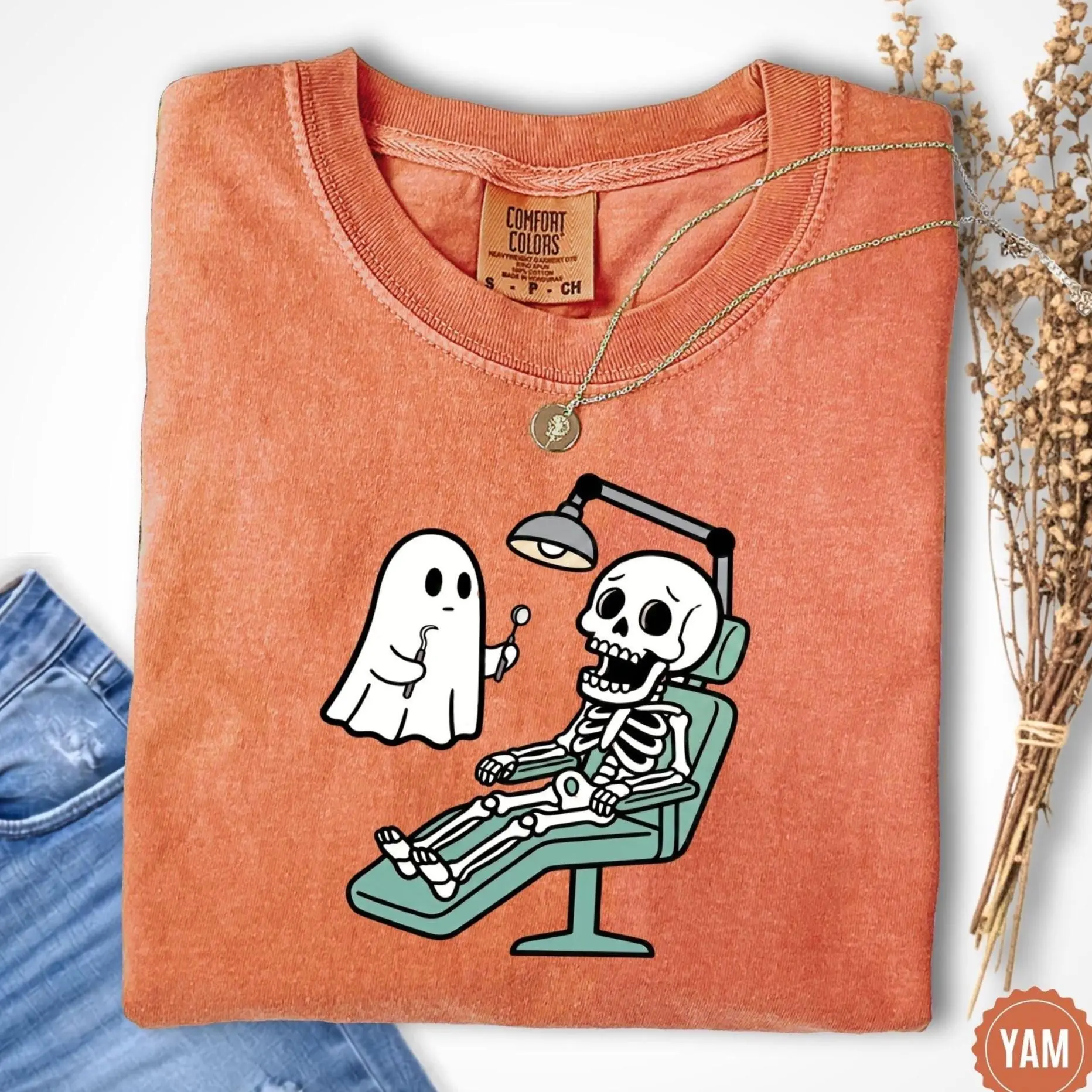 Comfort Colors Funny Ghost Skeleton Dentist Halloween Shirt, Cute Dental Hygienist Sweatshirt - photo 1