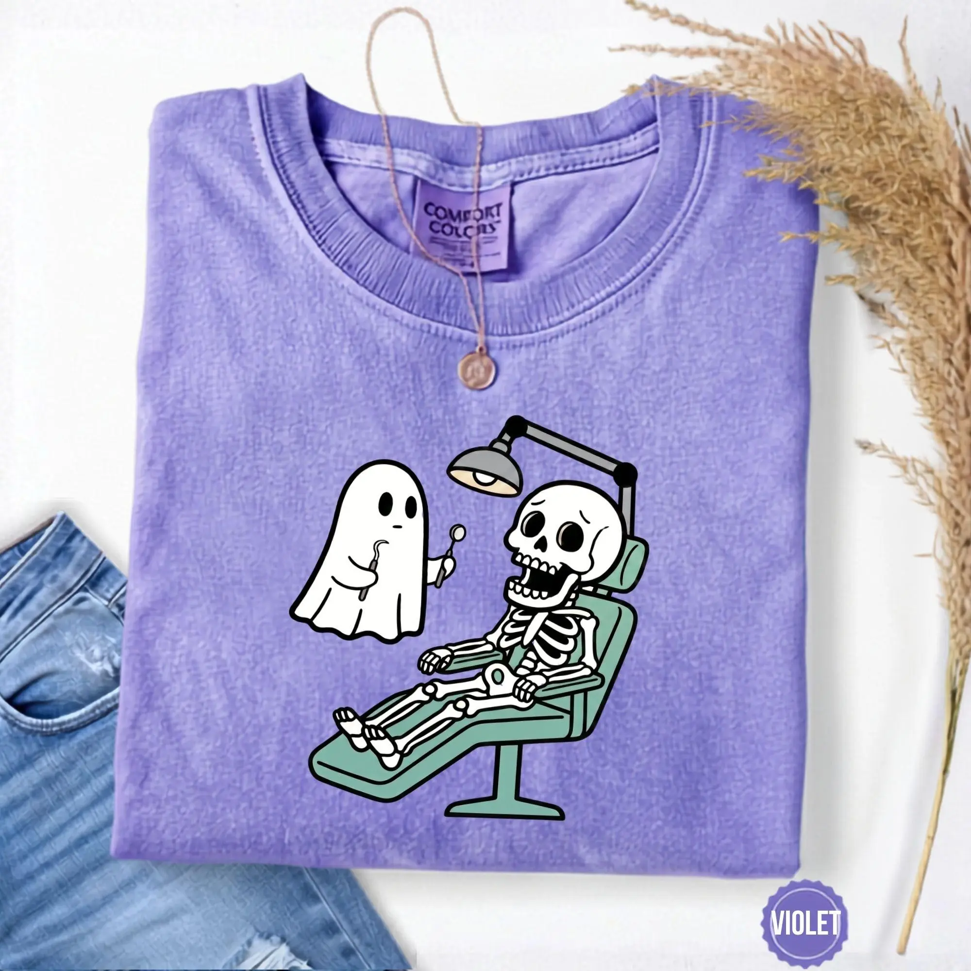 Comfort Colors Funny Ghost Skeleton Dentist Halloween Shirt, Cute Dental Hygienist Sweatshirt - photo 2