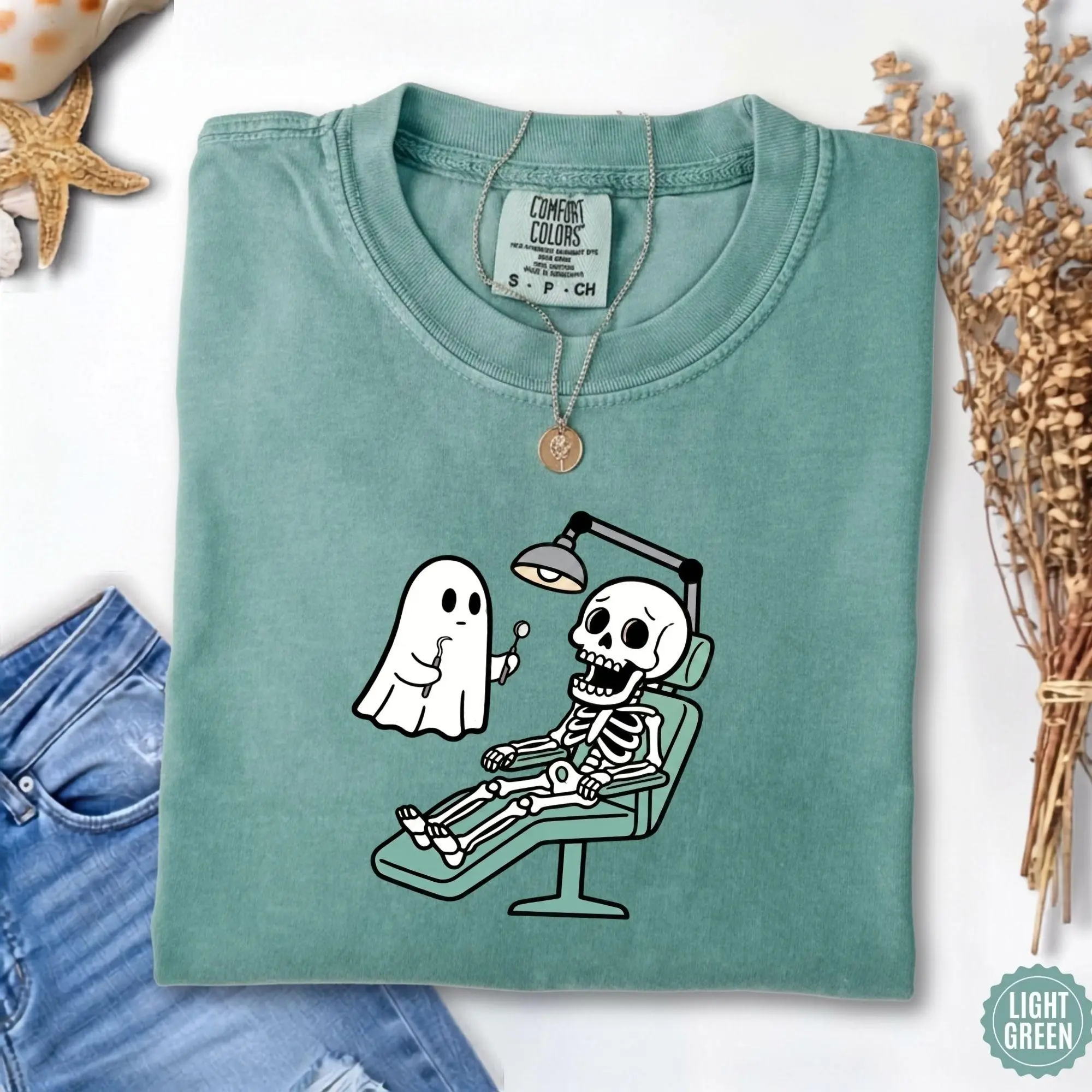Comfort Colors Funny Ghost Skeleton Dentist Halloween Shirt, Cute Dental Hygienist Sweatshirt - photo 3