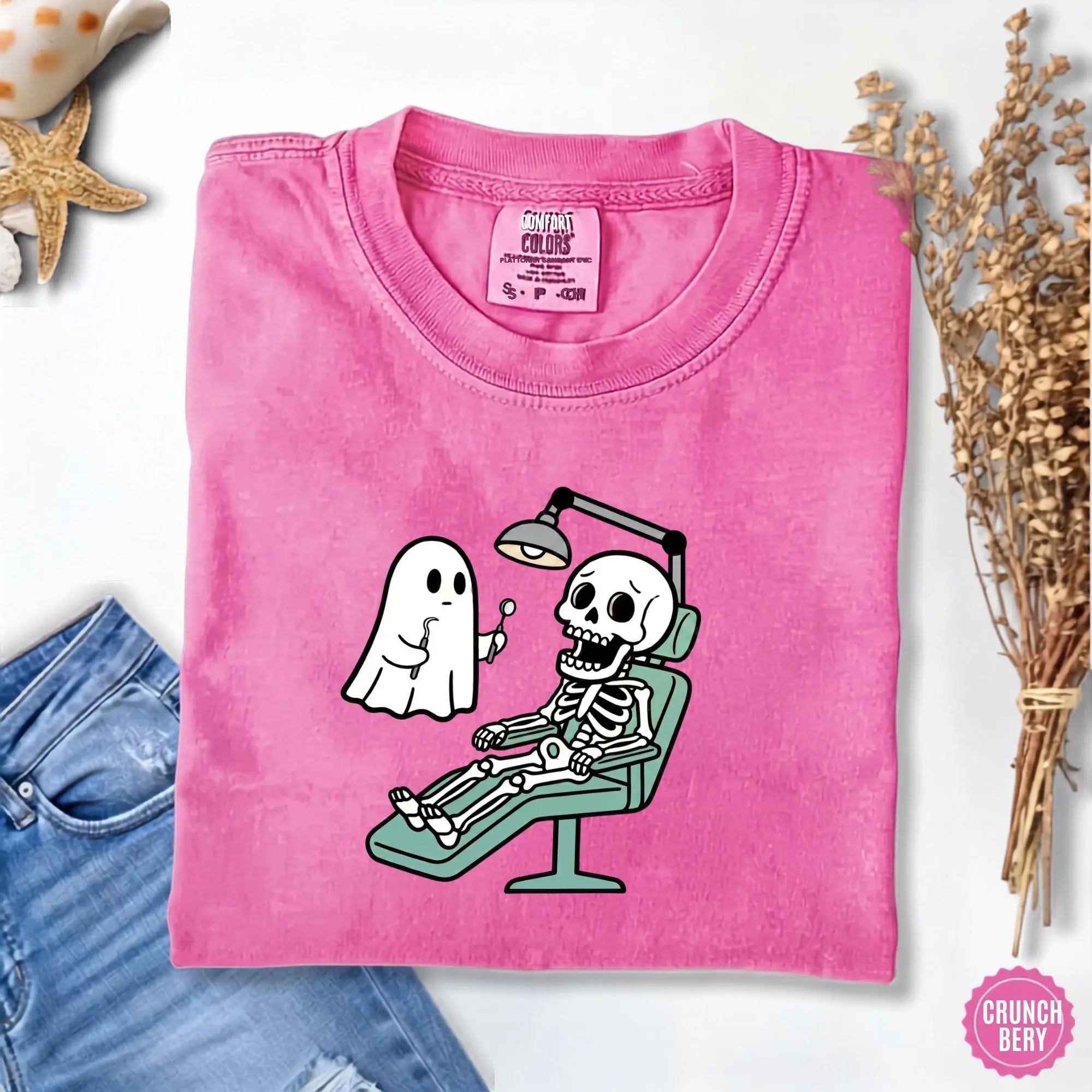 Comfort Colors Funny Ghost Skeleton Dentist Halloween Shirt, Cute Dental Hygienist Sweatshirt - photo 4