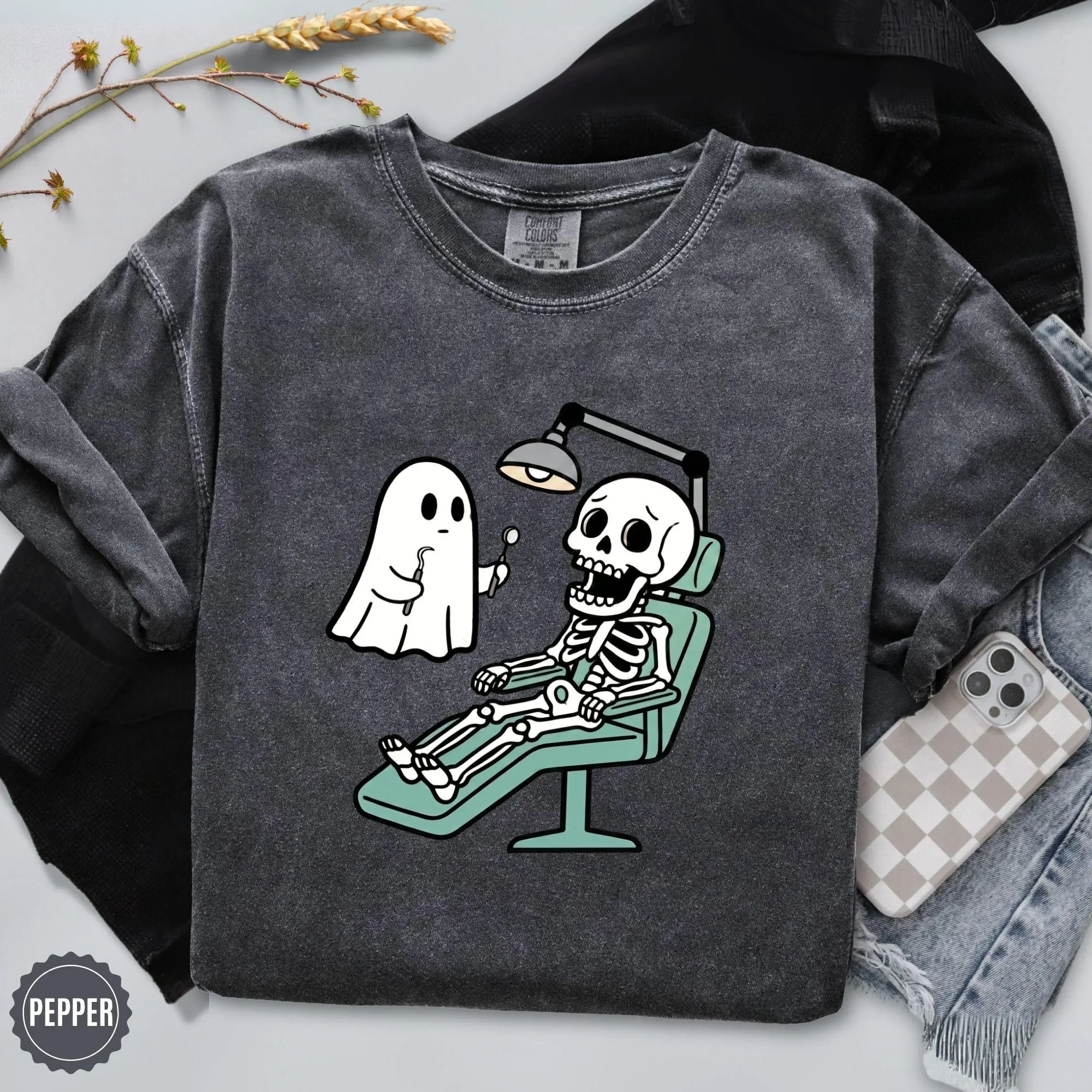 Comfort Colors Funny Ghost Skeleton Dentist Halloween Shirt, Cute Dental Hygienist Sweatshirt - photo 5
