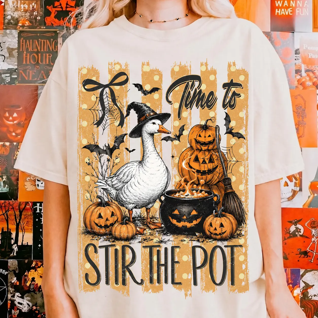 Comfort Colors Funny Goose Halloween Sweatshirt, Time To Stir The Pot Witch Vintage Graphic Crewneck