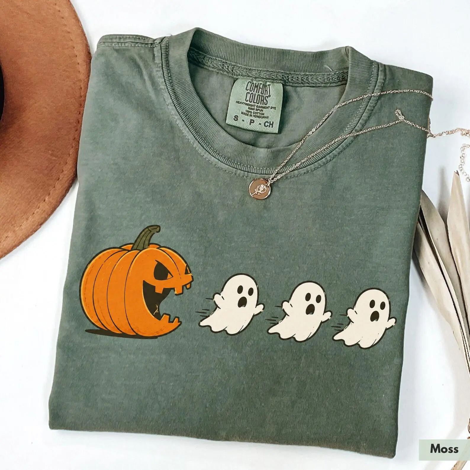 Comfort Colors Funny Halloween Pumpkin Ghost Shirt, Jack O Lantern Chasing Ghosts Cute Spooky Season Tee - photo 2