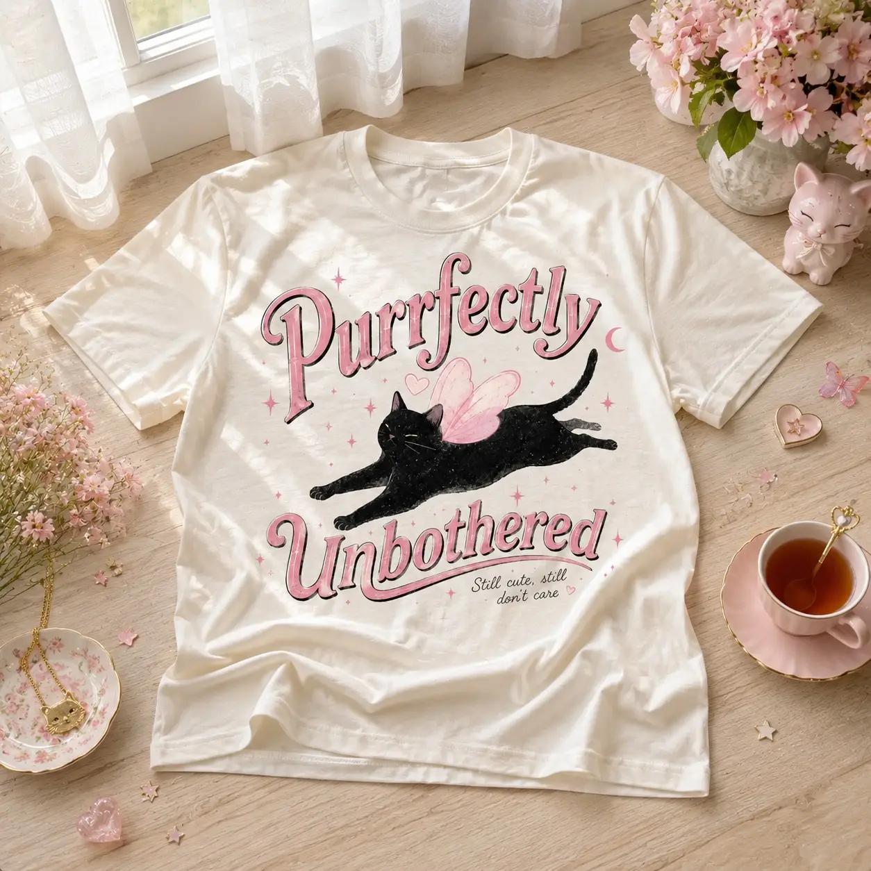 Comfort Colors Funny Purrfectly Unbothered Cat Graphic Tee - Cute Fairy Black Cat Shirt, Retro Cat Lover Aesthetic Tee