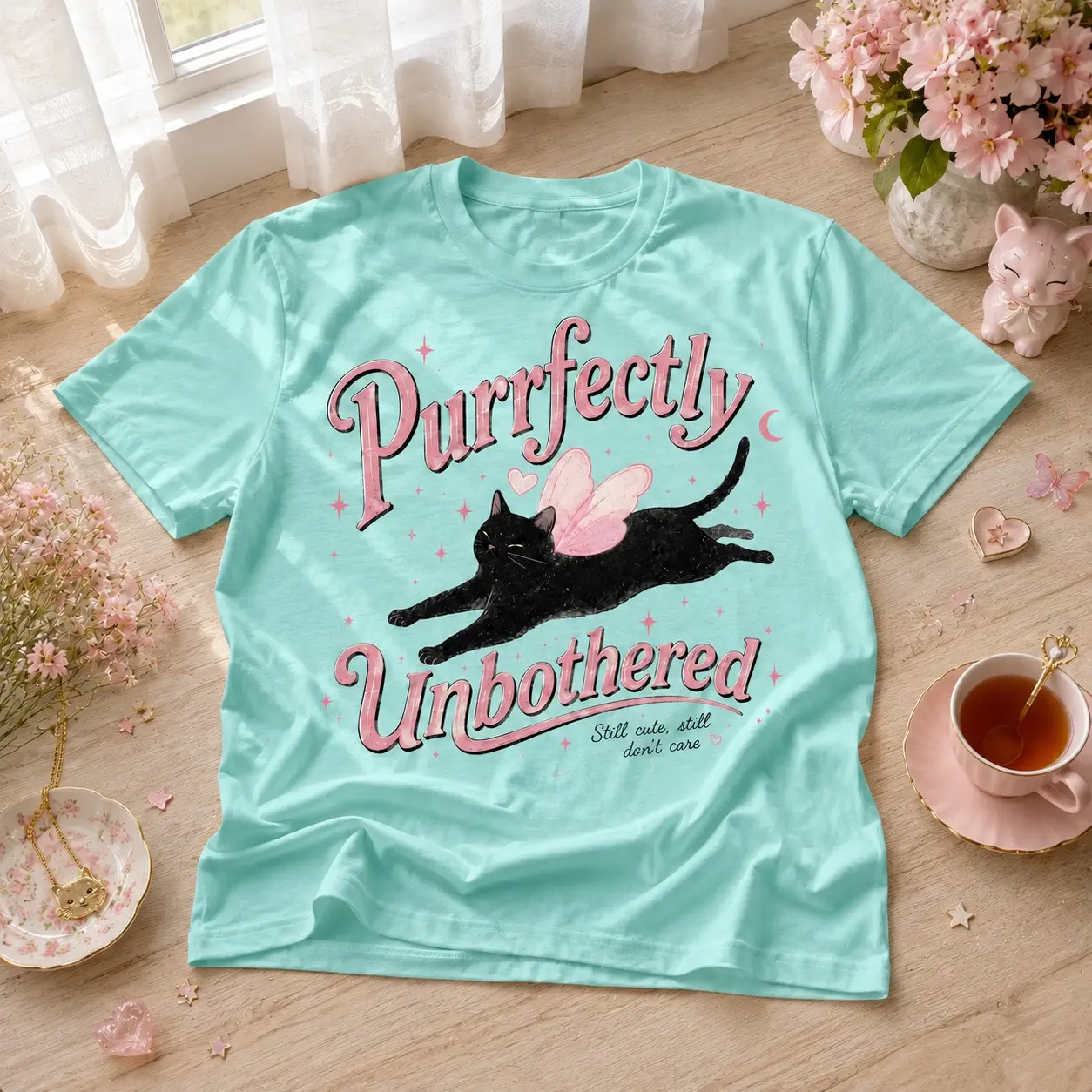 Comfort Colors Funny Purrfectly Unbothered Cat Graphic Tee - Cute Fairy Black Cat Shirt, Retro Cat Lover Aesthetic Tee - photo 2