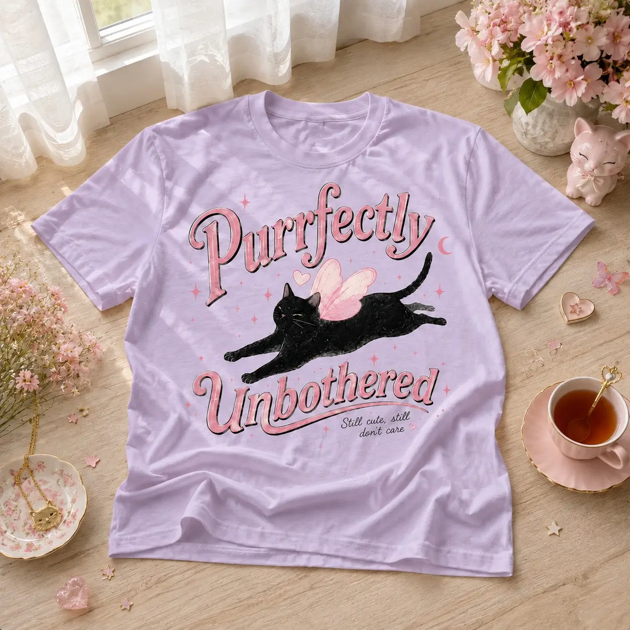 Comfort Colors Funny Purrfectly Unbothered Cat Graphic Tee - Cute Fairy Black Cat Shirt, Retro Cat Lover Aesthetic Tee - photo 3