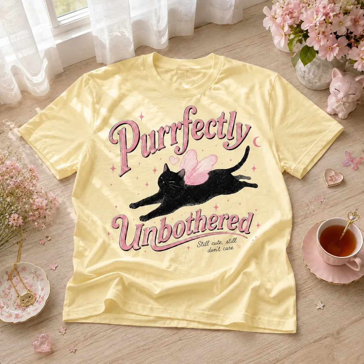 Comfort Colors Funny Purrfectly Unbothered Cat Graphic Tee - Cute Fairy Black Cat Shirt, Retro Cat Lover Aesthetic Tee - photo 4