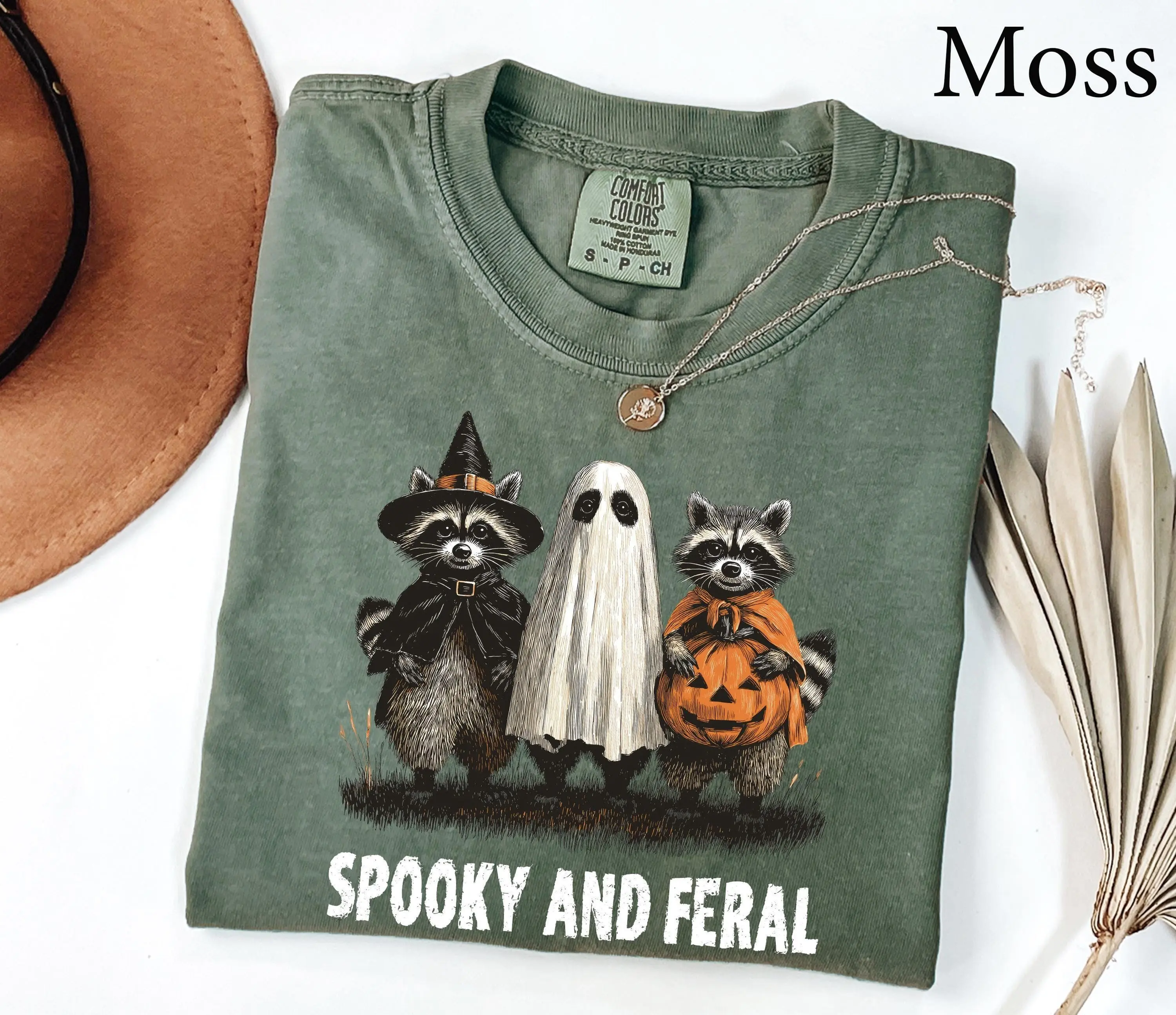 Comfort Colors Funny Raccoon Halloween Shirt, Spooky And Feral Ghost Graphic Tee, Girly Fall Gift for Women
