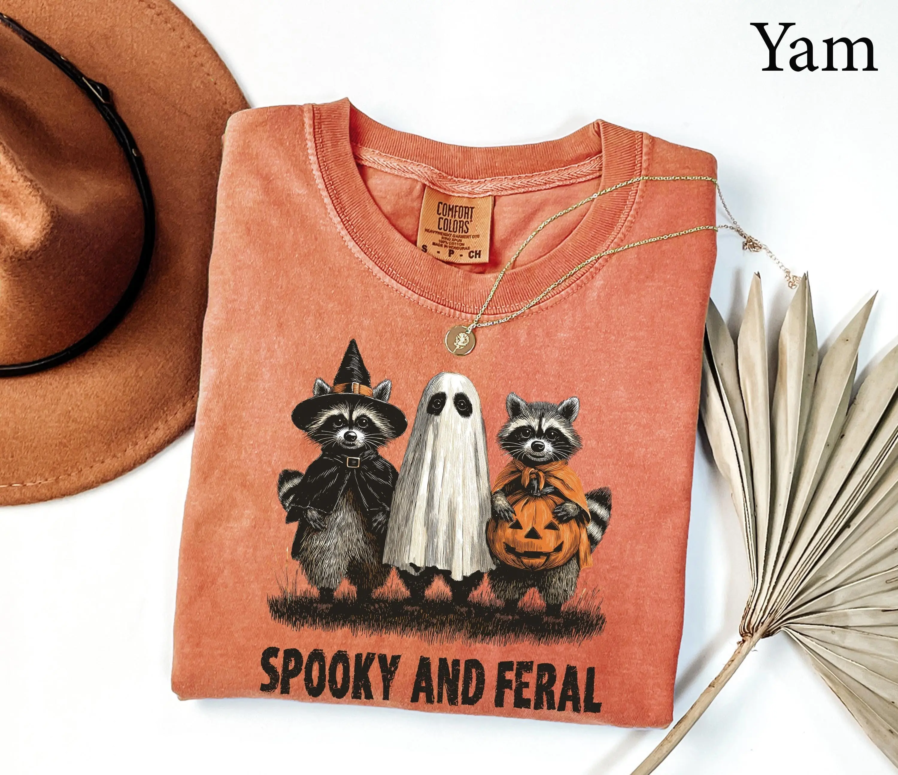 Comfort Colors Funny Raccoon Halloween Shirt, Spooky And Feral Ghost Graphic Tee, Girly Fall Gift for Women - photo 2